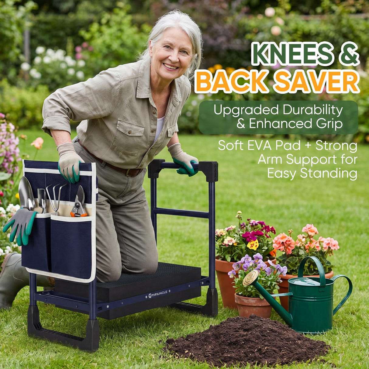 TITIUNCLE Garden Kneeler and Seat, Heavy Duty Anti-Tip Foldable Gardening Stool Bench Kneeler with Widened Thicken Kneeling Pad & Tool Bag, Gardening Gifts for Seniors, Gardeners, Women, Men, Fathers