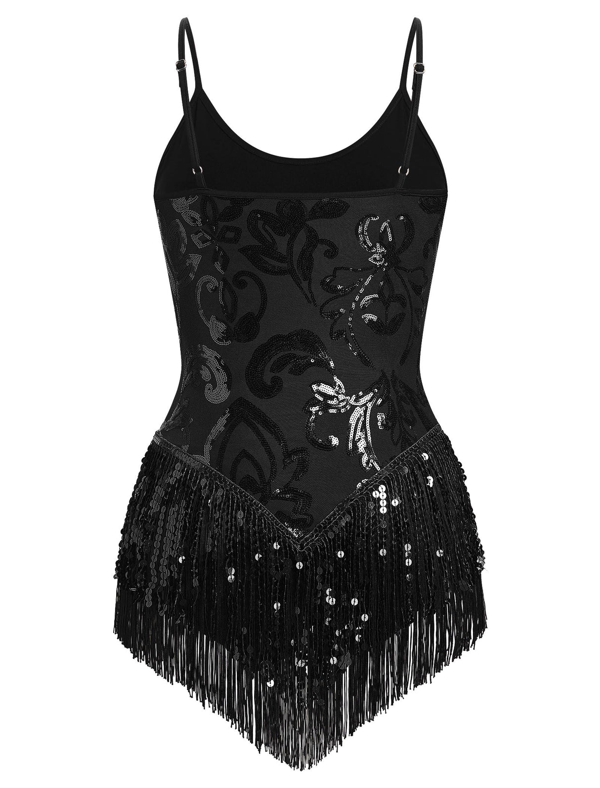 IBAKOM Women Sexy Shiny Sequins Fringe Bodysuit Sparkly Tassel Latin Jazz Dance Acrobat Costume Adult Circus Trapeze Artist Dancing Queen Rave Outfits Glitter Christmas Dance Leotard Black M