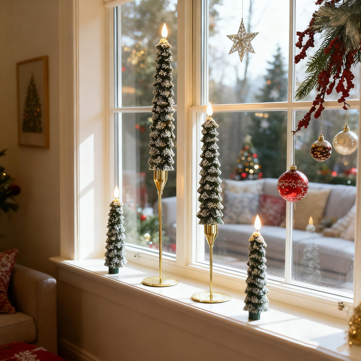 MUMCHASI 4 Pcs Flameless Taper Candles, Christmas Tree Candles with Remote, Battery Operated Candlesticks, Flickering LED Window Candlelights Real Wax Christmas Candlesticks H9.45,11.4”Green