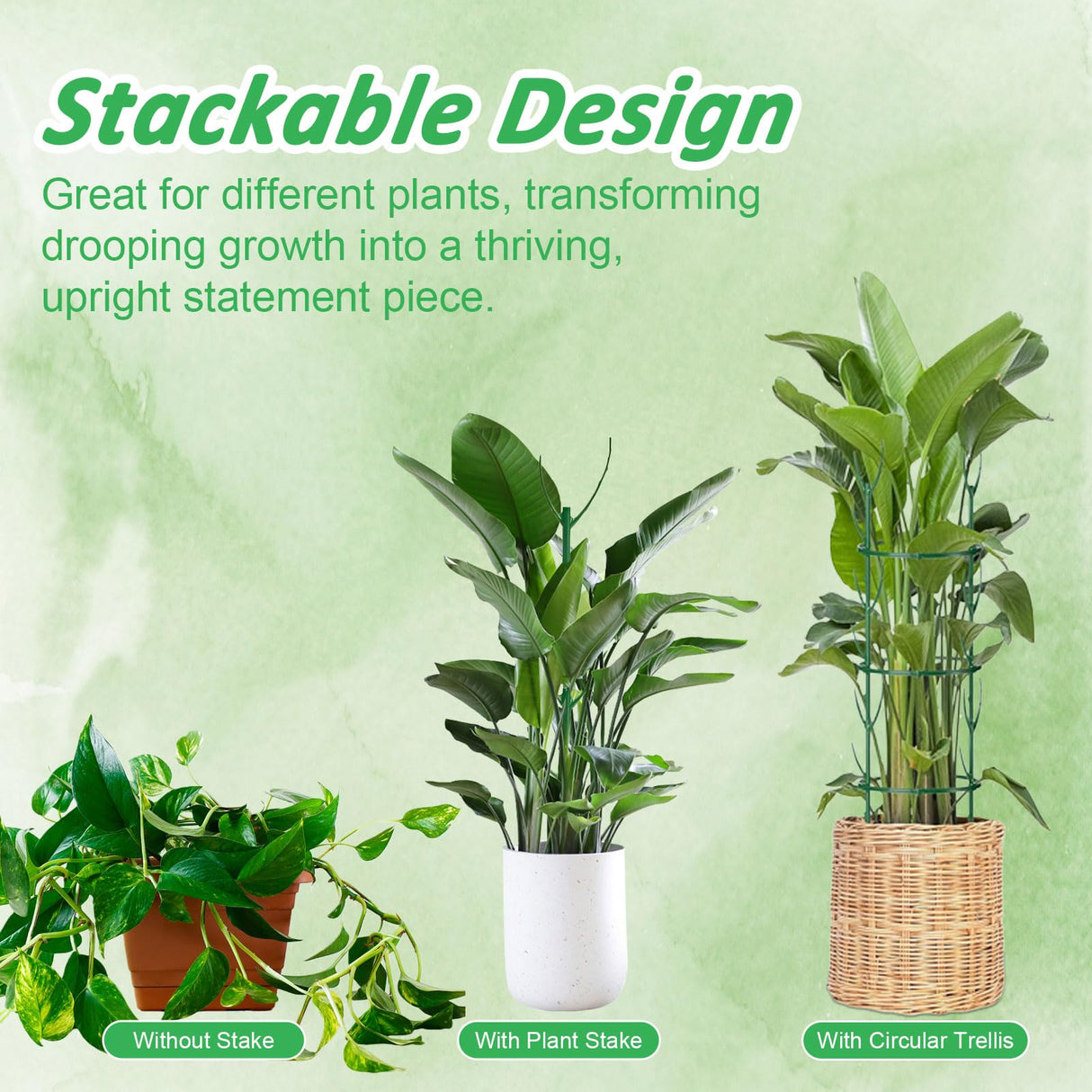 MXCOIRTP 10 Pack Stackable Plant Support Stakes & Adjustable Circular Trellis, Garden Trellis for Climbing Plants Indoor and Outdoor Use, Garden Accessories for Monstera, Pothos, Tomato