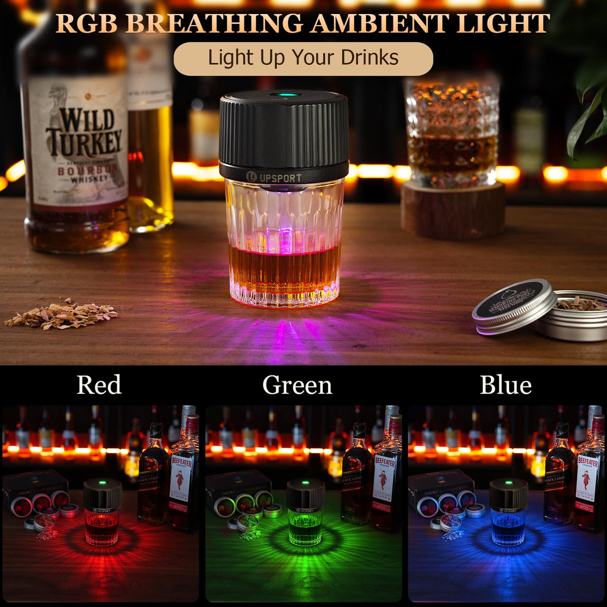 UPSPORT Electric Whiskey Smoker Kit with 4 Light Modes, Rechargeable Cocktail Smoker, 6 Wood Chips, No Butane Required, Christmas/Birthday Gifts for Men, Dad, Husband