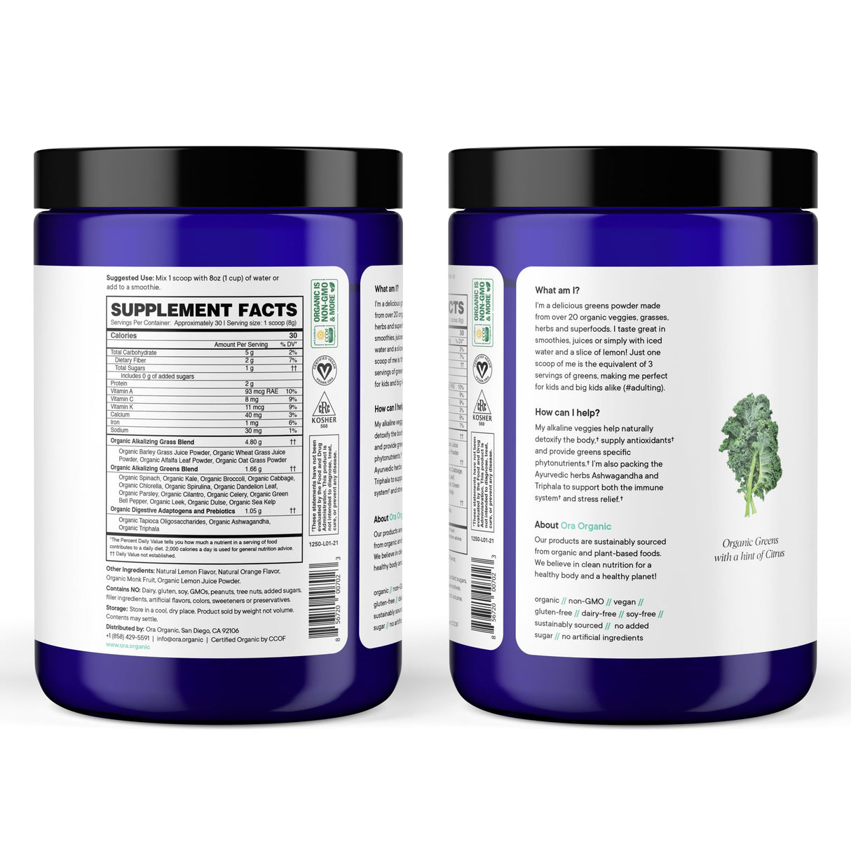 Ora Organic Greens Powder - Vegan, Gluten-Free, Organic Super Greens Drink for Energy and Detox | Antioxidants & Adaptogenic Herbs | 20+ Superfood Greens Blend - Citrus Flavor, 30 Servings