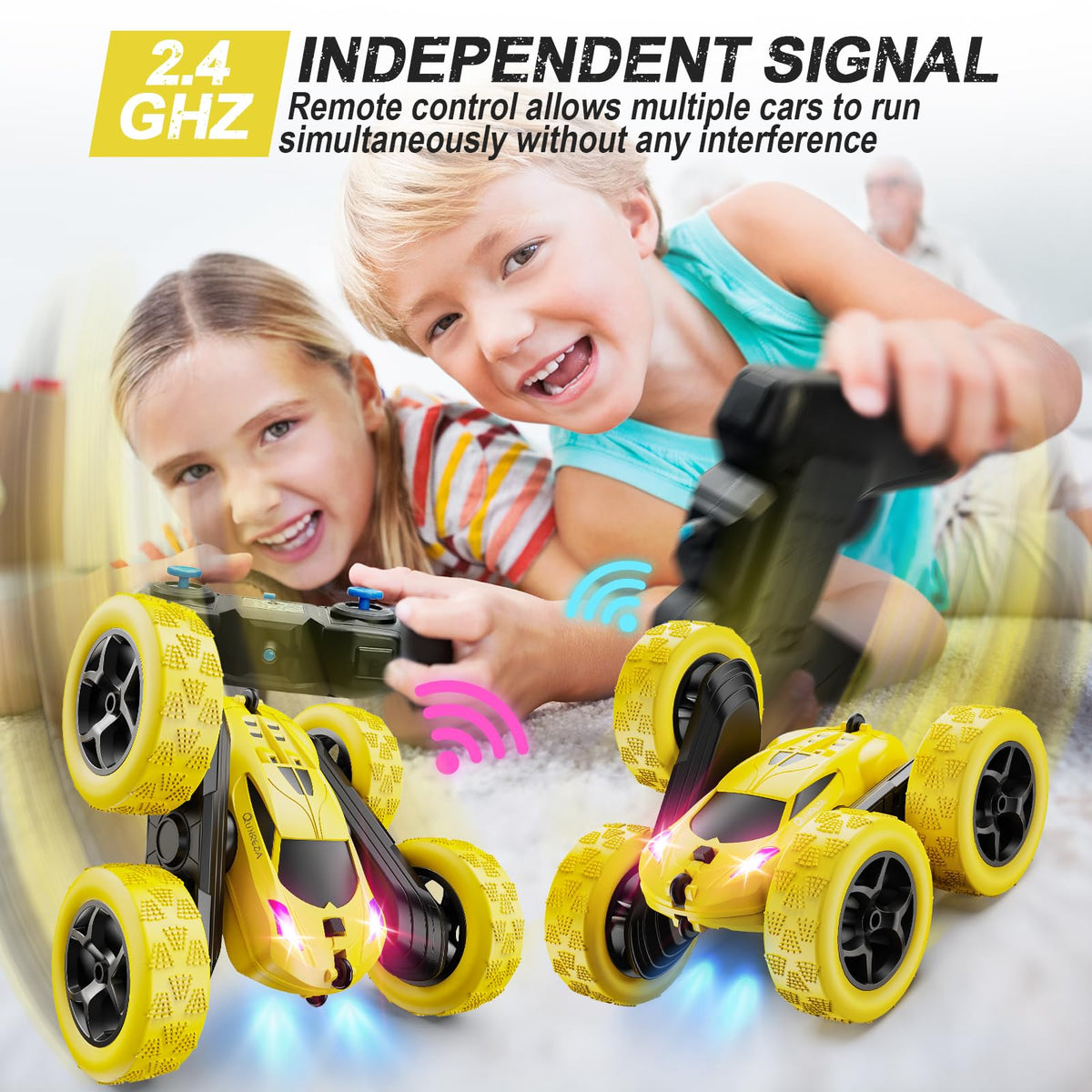 QUNREDA Remote Control Car,RC Car Toys for 6-12 Year Old Boys, Off Road RC Stunt Car 4WD 360° Rotating Remote Control Car for Kids, Boys Girls Gifts for Birthday, Christmas Yellow