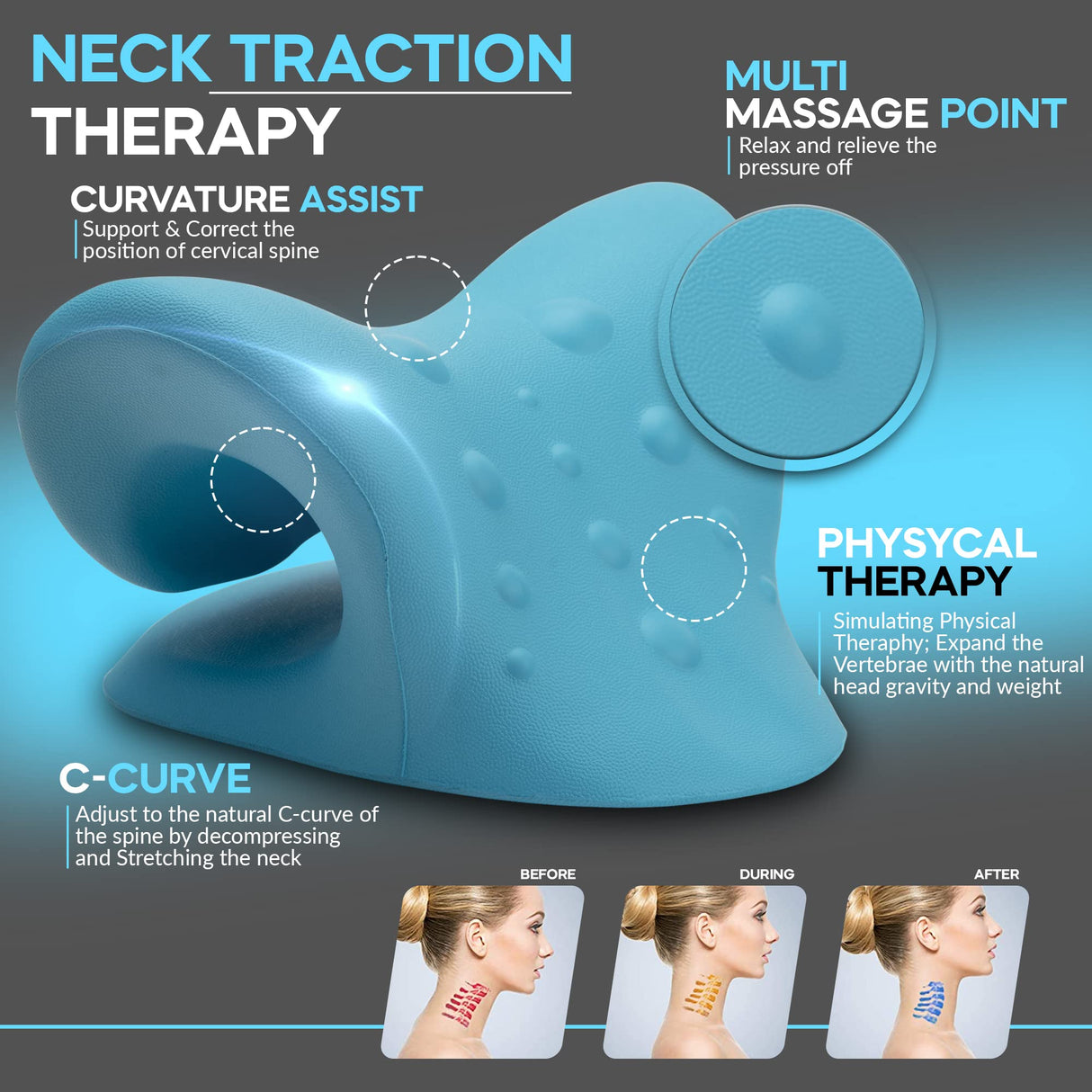 Neck Stretcher Cervical Traction, FSA HSA Eligible, Neck and Shoulder Relaxer for Pain Relief, Ergonomic Neck Pillow, Neck Hump Corrector, Cervical Spine Alignment, Neck Curve Corrector (Light Blue)
