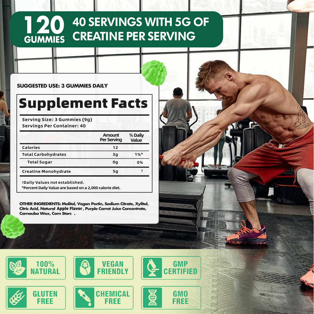 DANEW Pro Creatine Monohydrate Gummies 5000mg for Men & Women, Creatine Monohydrate for Muscle Strength, Muscle Builder, Energy Boost, Pre-Workout Supplement(120 Count)-Apple Flavor