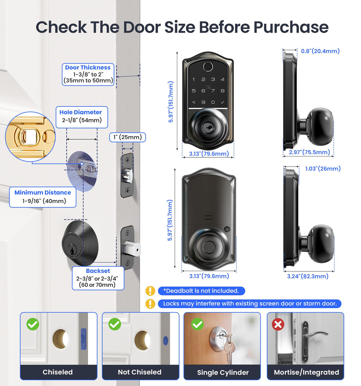 Veise VE018 Smart Knob Handle Lock - Fingerprint, App Control, Keyless Entry for Front Door and Bedroom, Electronic Digital Keypad, Auto Lock, Remote Access Sharing, Easy Installation, Matte Black