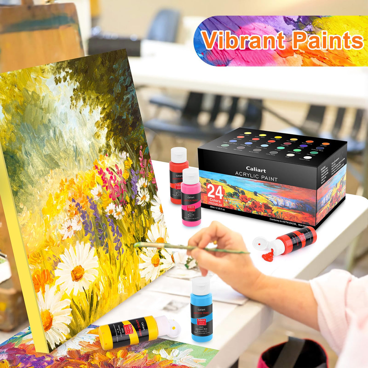 Caliart Acrylic Paint Set of 24 Colors with 12 Brushes