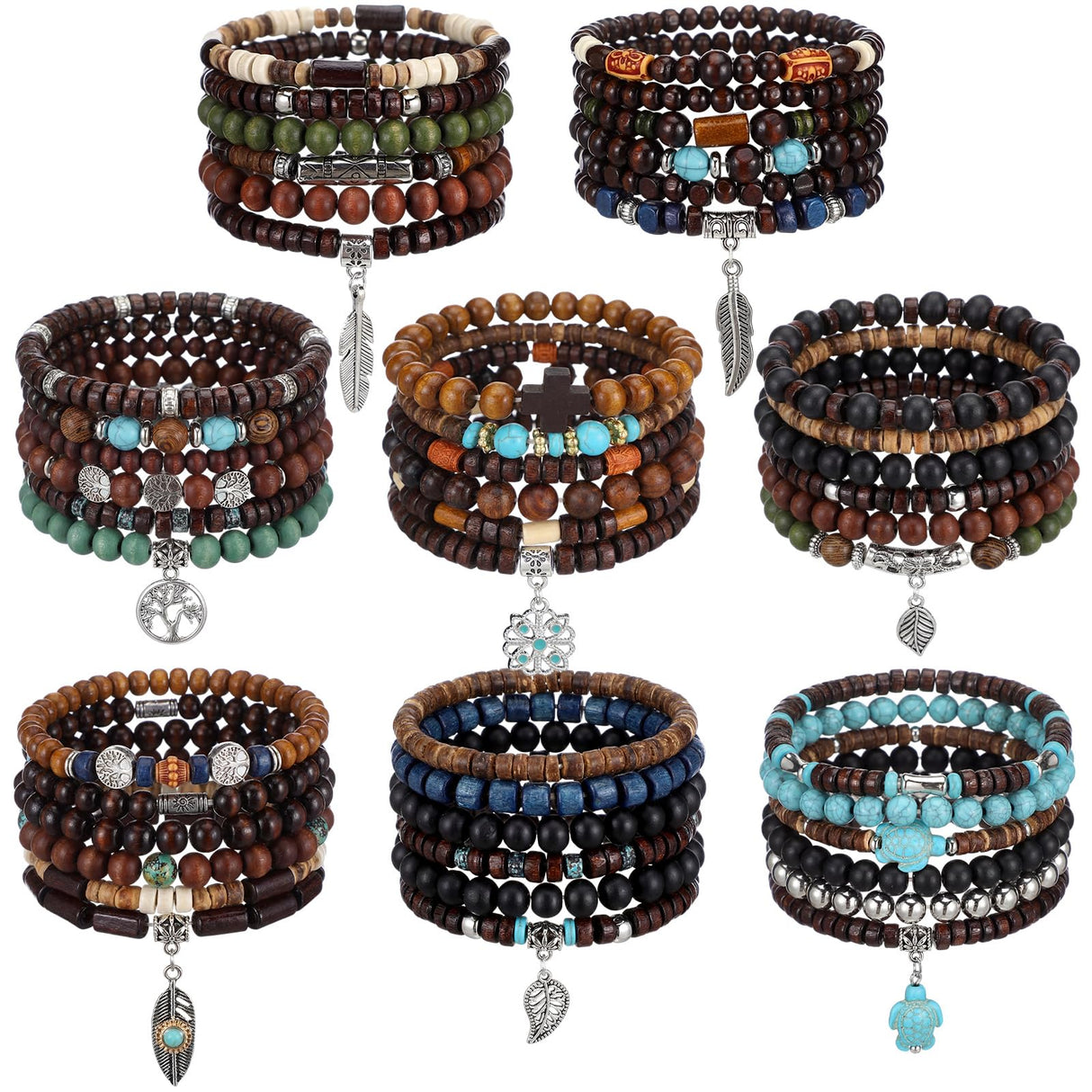 Tondiamo 48 Pcs Punk Wooden Beads Bracelets Gothic Bracelet for Men