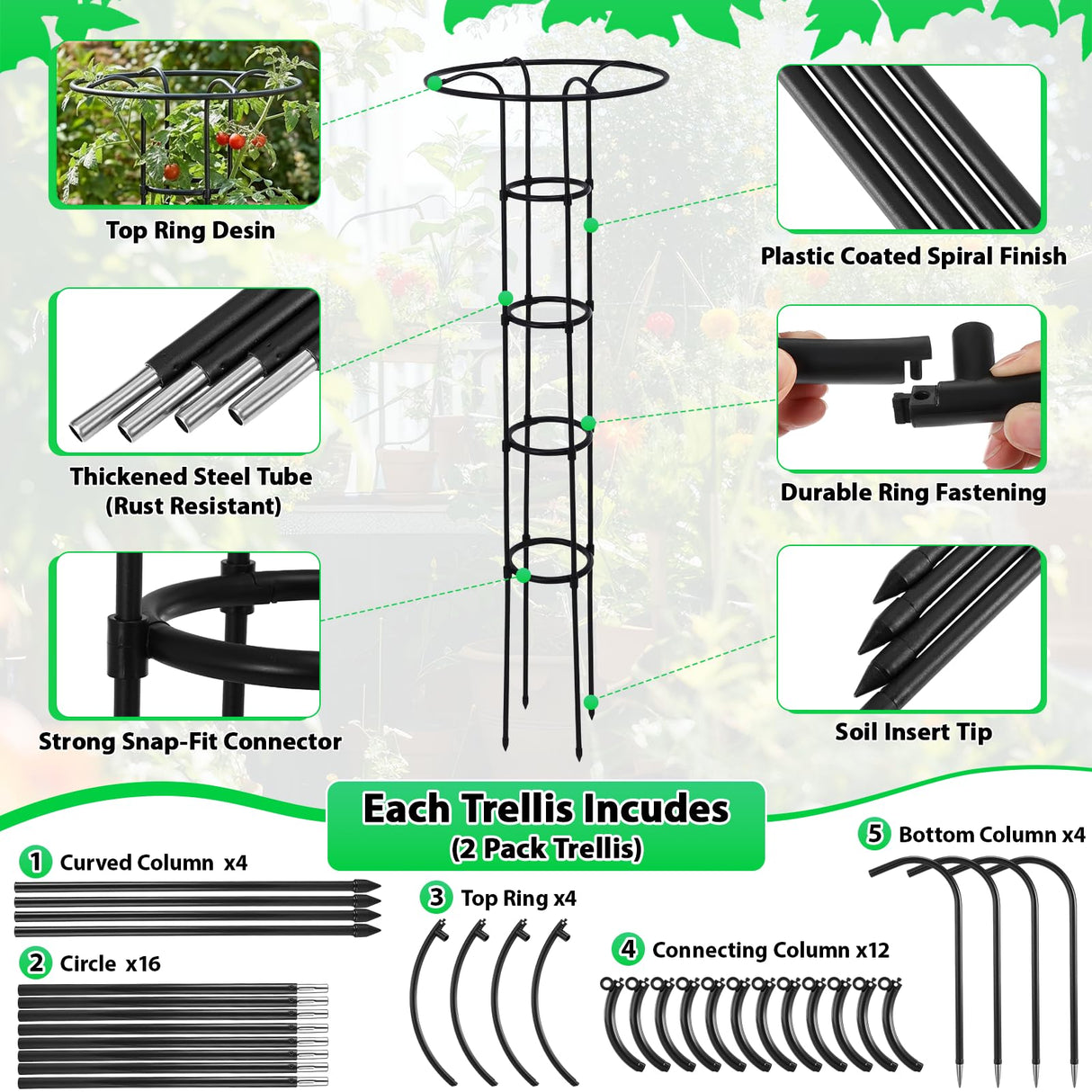 ElaraBerry 2 Pcs 63 Inch Garden Obelisk Trellis for Climbing Plants Outdoor, Mushroom Top Flower Trellis Rustproof Metal Tomato Trellises for Potted Plants Rose Climbing Vine Tomato Cucumber Grape
