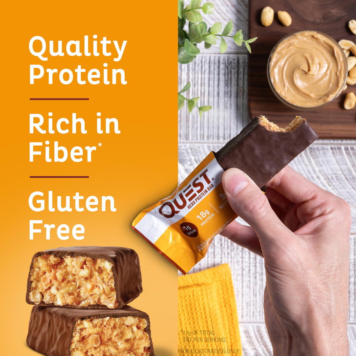Quest Nutrition Crispy Chocolate Peanut Butter Hero Protein Bar, 18g Protein, 1g Sugar, 3g Net Carb, Gluten Free Protein Snack, Keto Friendly, 12 Count