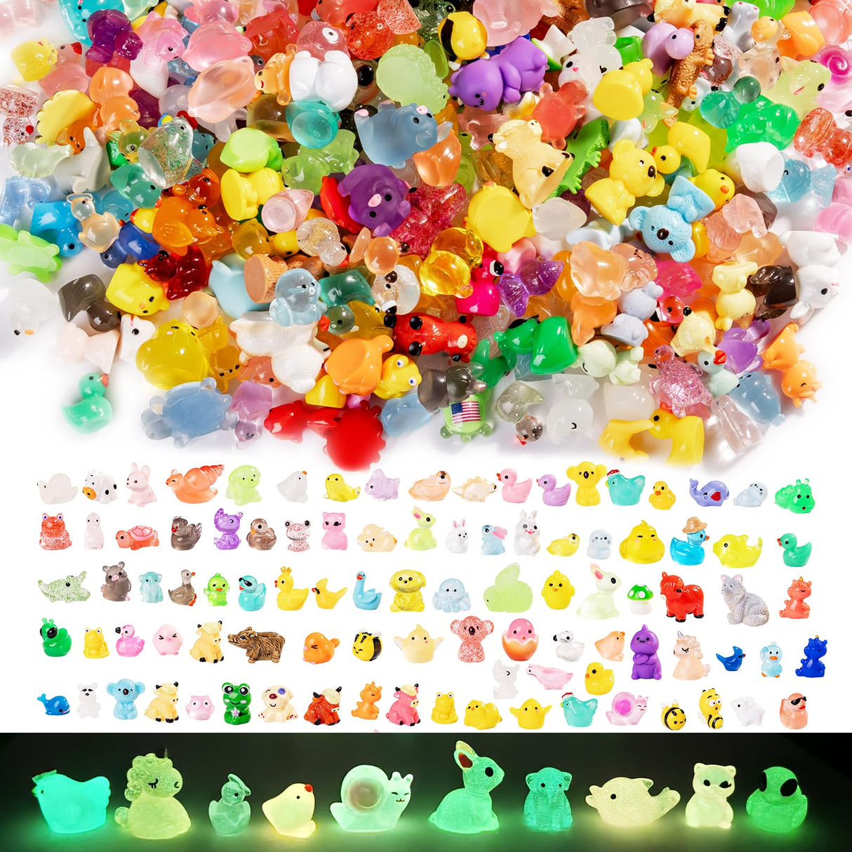 Cuteseven 300Pcs Mini Resin Animals Bulk 300 Styles Variety Tiny Animals Figure to Hide Luminous Glow in The Dark for Miniature Fairy Garden Decoration Hide Crafts Decor