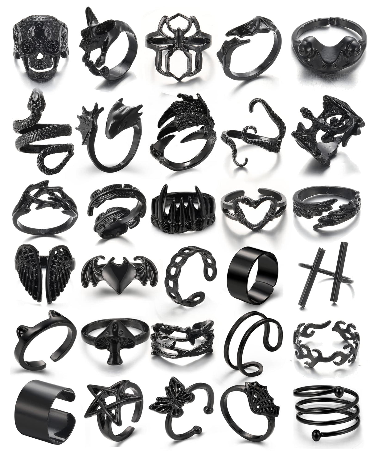 Black Gothic Vintage Rings Set - 20-30 PCS Cool Punk Snake Claw Rings Set, Y2K Snake Claw Rings, Open Butterfly Star Stacking Ring Jewelry, Gift for Men Women (Black 2)