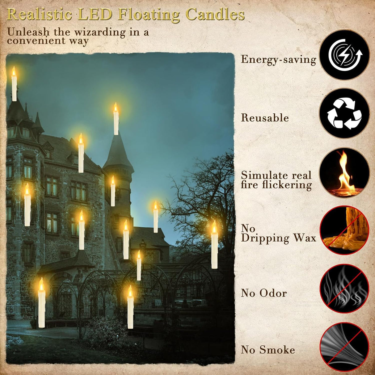 YMXHK Halloween Decorations - Floating Candles with Wand, 12 Pcs Flameless Candles with Warm Light Flickering, Witch Wizard Christmas Decor for Indoor Home Room Classroom Bedroom Birthday Party