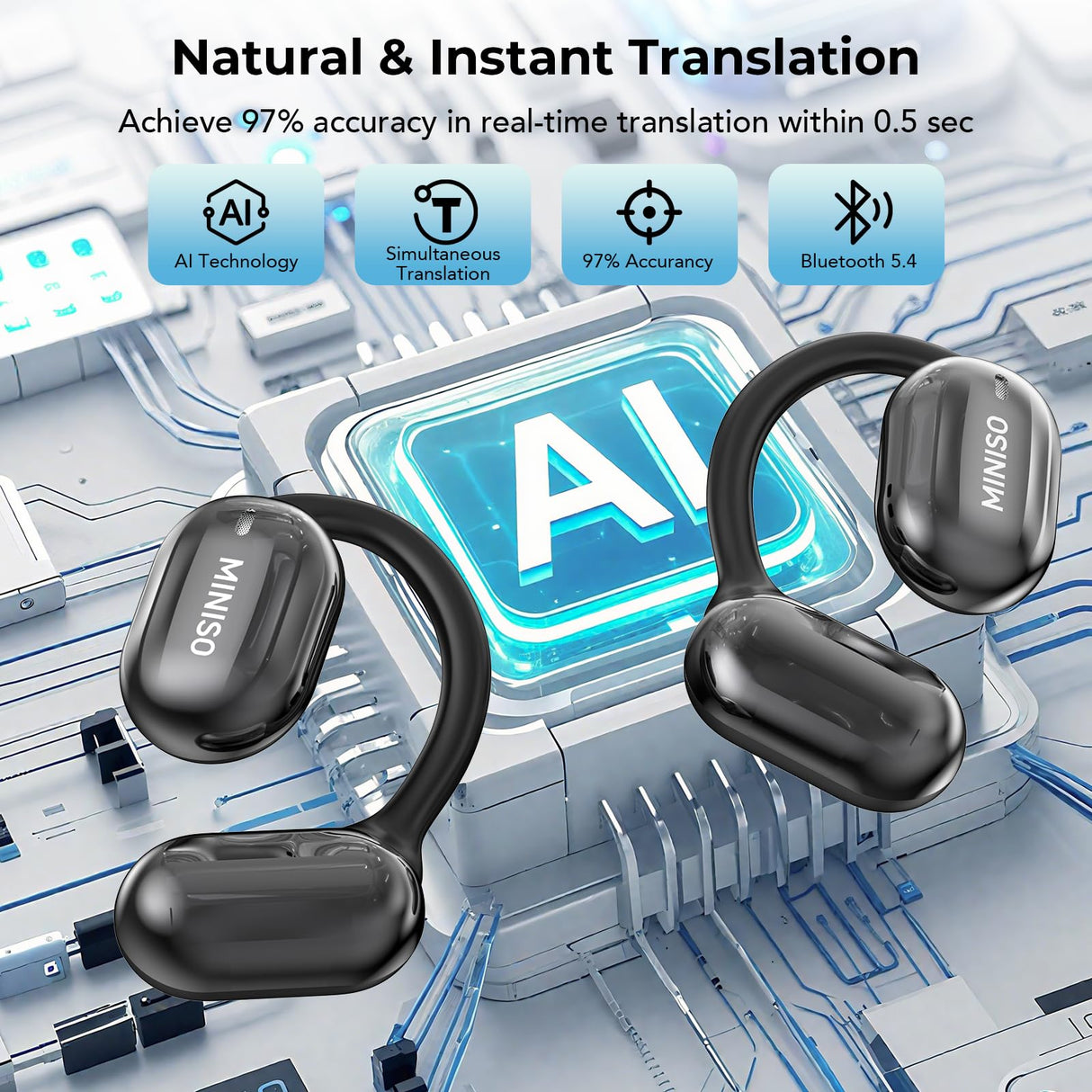 MINISO MS162 AI Language Translation Earbuds Real Time, 3 in 1 Translator Earbuds for 135 Languages, Fit iOS&Android, Bluetooth 5.4 Translation Headphones Devices with APP for Travel Business Learning