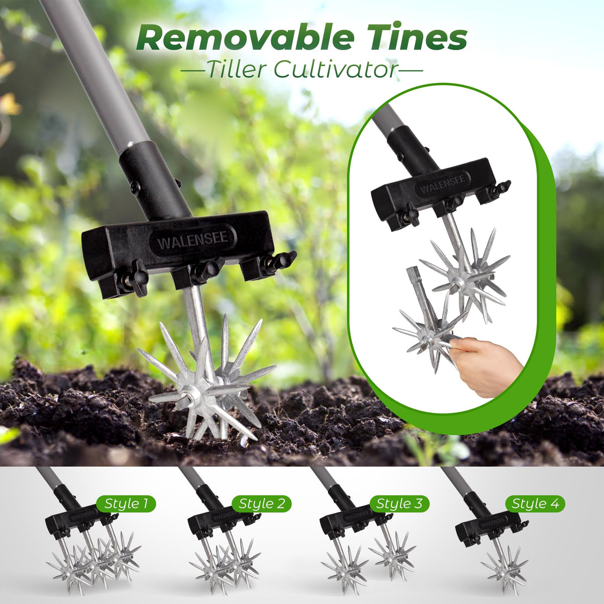 Walensee Rotary Cultivator, Adjustable Hand Tiller for Soil Clod Breaking