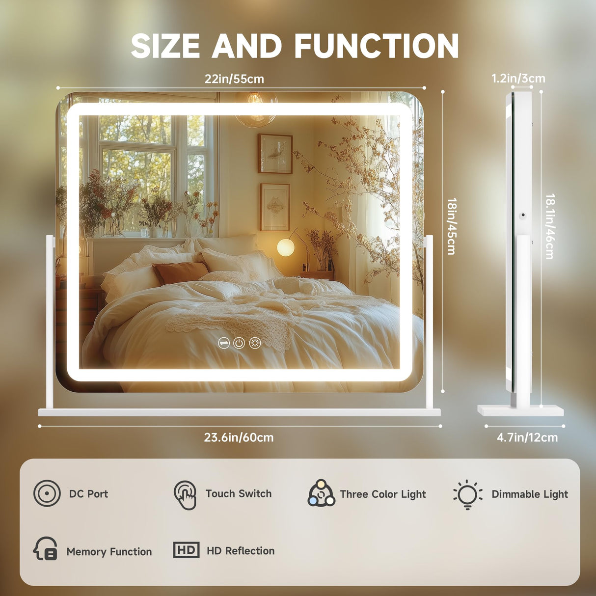 Hasipu Vanity Mirror with Lights, 22" x 18" LED Makeup Mirror, Light up Mirror with Smart Touch 3 Colors Dimmable, Brightness Adjustment, 360ยฐ Rotation (White)