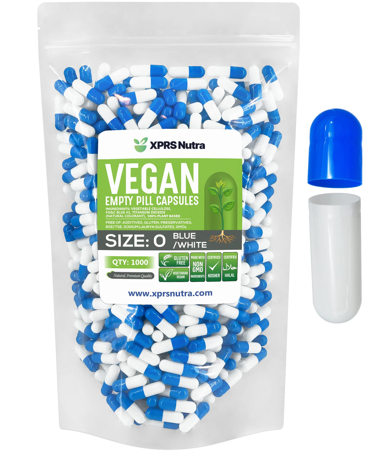 XPRS Nutra Size 0 Empty Capsules - 1000 Count Empty Vegan Capsules - Vegetarian Pills - DIY Vegetable Capsule Filling - Veggie Pill Caps for Do-It-Yourself Supplements (Blue/White)