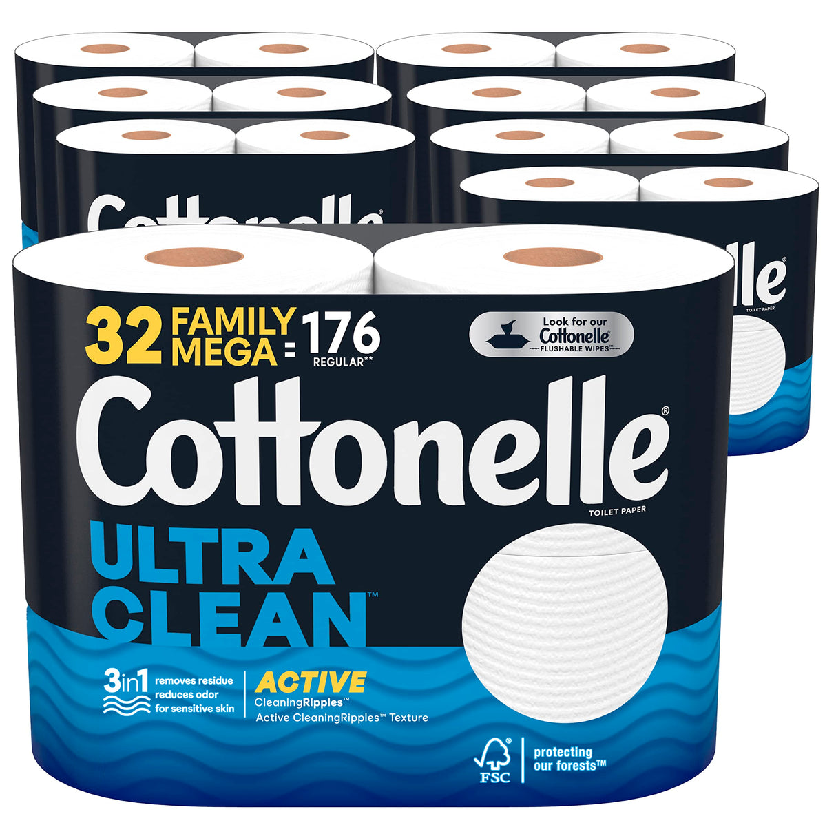 Cottonelle Ultra Clean Toilet Paper with Active CleaningRipples Texture, Strong Bath Tissue, 32 Family Mega Rolls (32 Family Mega Rolls = 176 Regular Rolls) (8 Packs of 4), 388 Sheets per Roll White