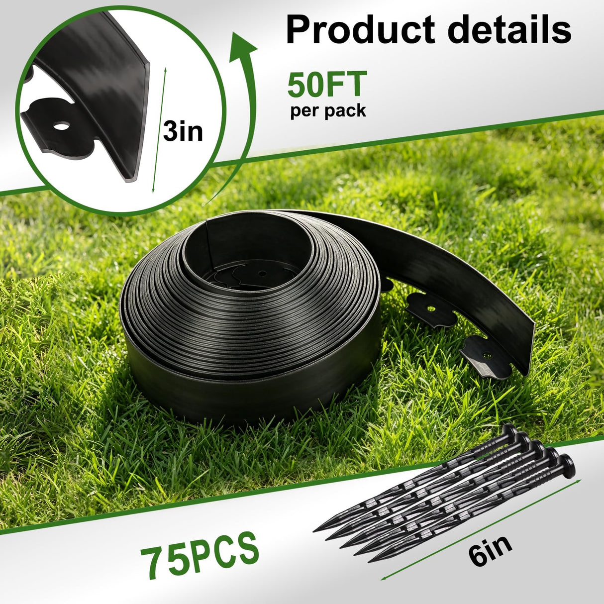 3 Inch x 50FT Garden Edging Border,Landscaping with 75pcs Spikes