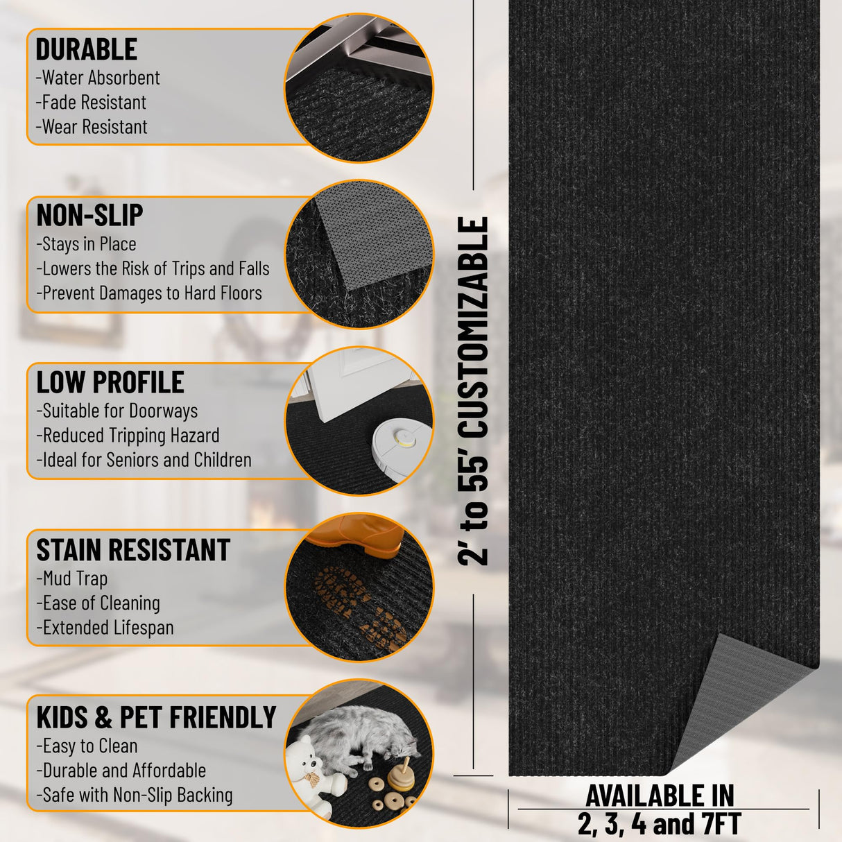 Ottomanson Hallway Runner Rug 2' x 6' Durable Non-Slip Mat with Scraper Pile for Indoor & Outdoor Use - Ideal for Kitchen, Entryway, Patio & Garage - High-Traffic Carpet, Black