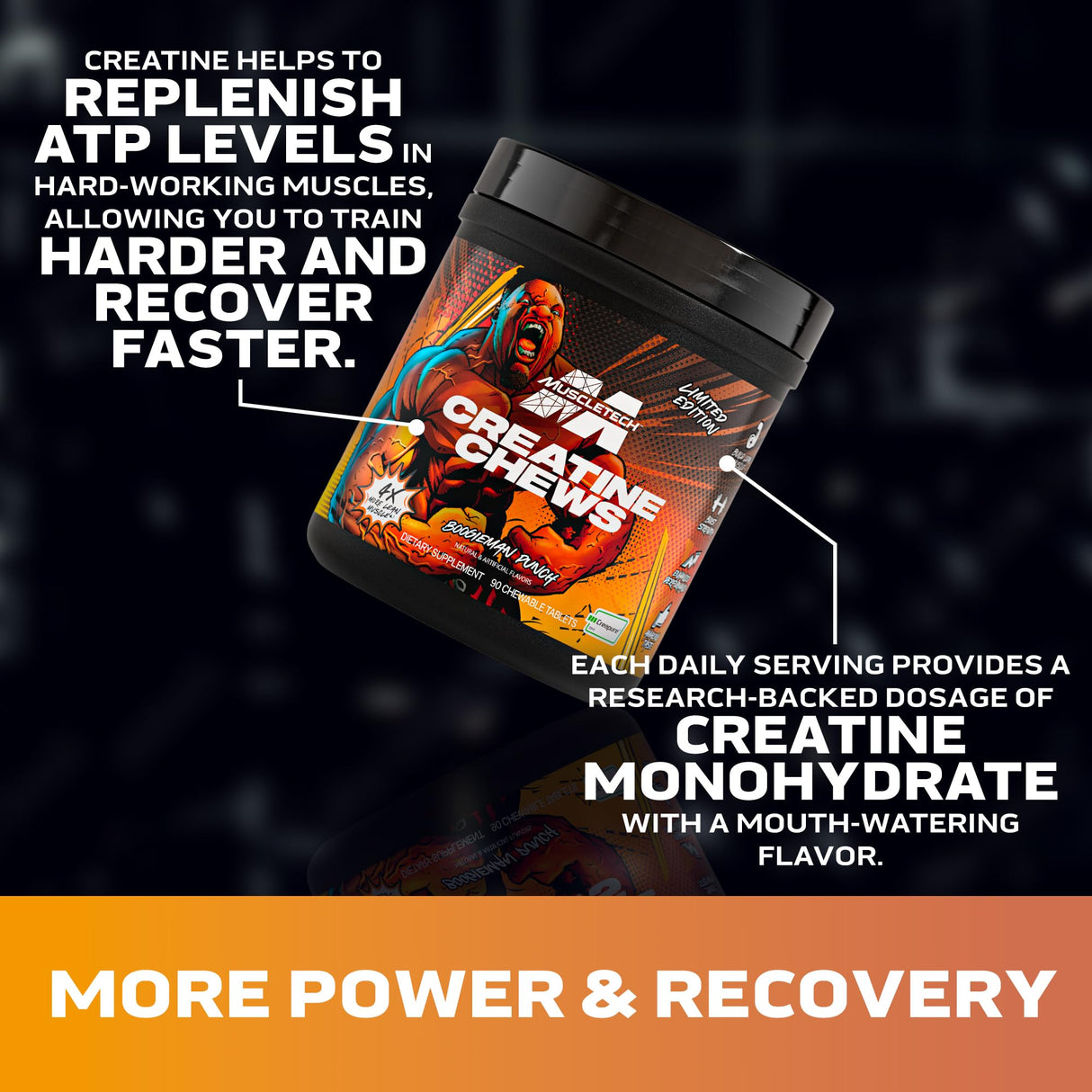 MuscleTech Creatine Chews - Creapure Monohydrate Supplement for Muscle Recovery, Muscle Builder & Energy Boost - Pre Workout Supplement for Men & Women - 90 Chewable Candies, Boogieman Punch