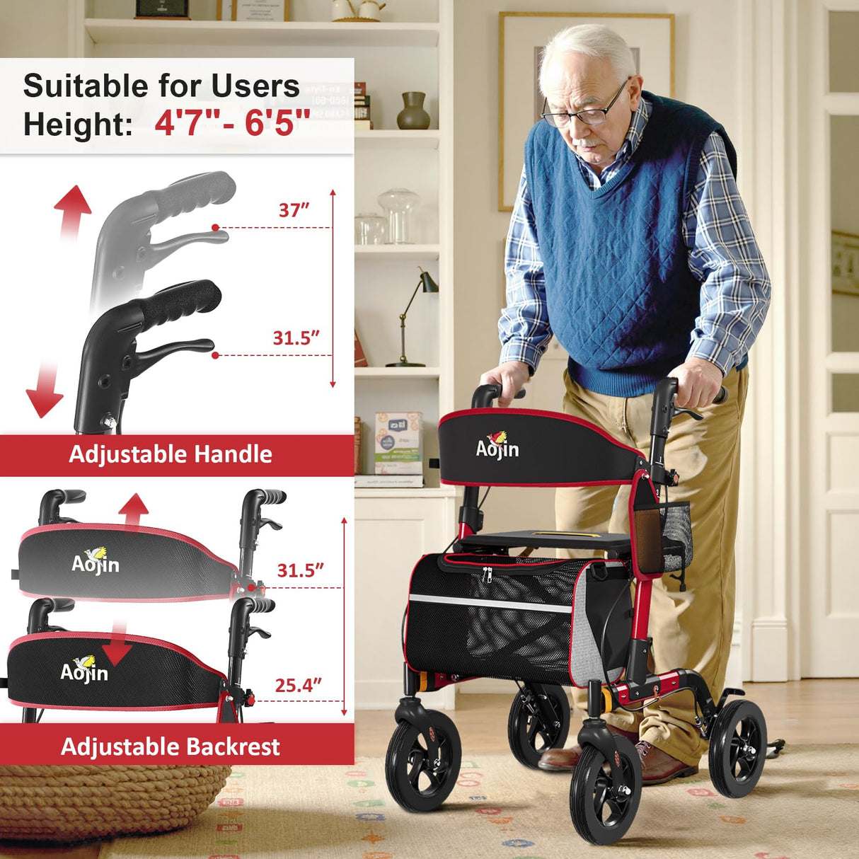 Walkers for Seniors, Rollator Walker with Seat, 350 lb Weight Capacity, 18" Big Seat, 8" All-Terrain Wheels, 6-Level Adjustable Height, Lightweight Aluminum Frame Rollator Walkers for Seniors (Red)