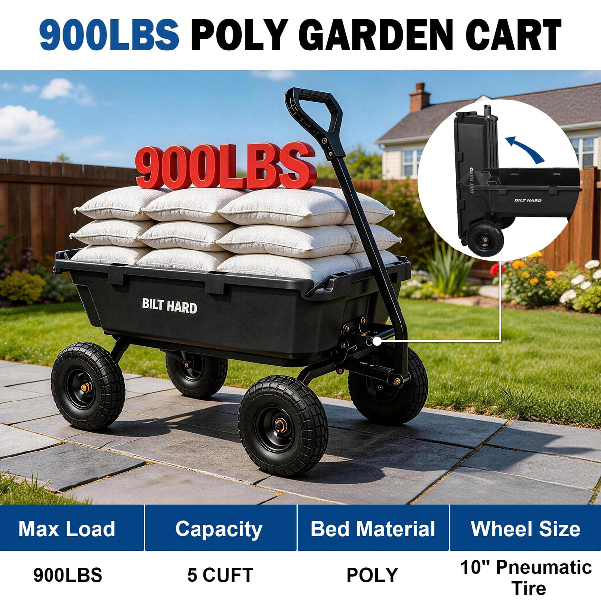 BILT HARD 900 lbs Poly Garden Dump Cart, 5 Cu.Ft Wheelbarrow Cart with 10" All Terrain Wheels & Quick-Release System, Heavy Duty Utility Wagon for Yard, Farm & Garden