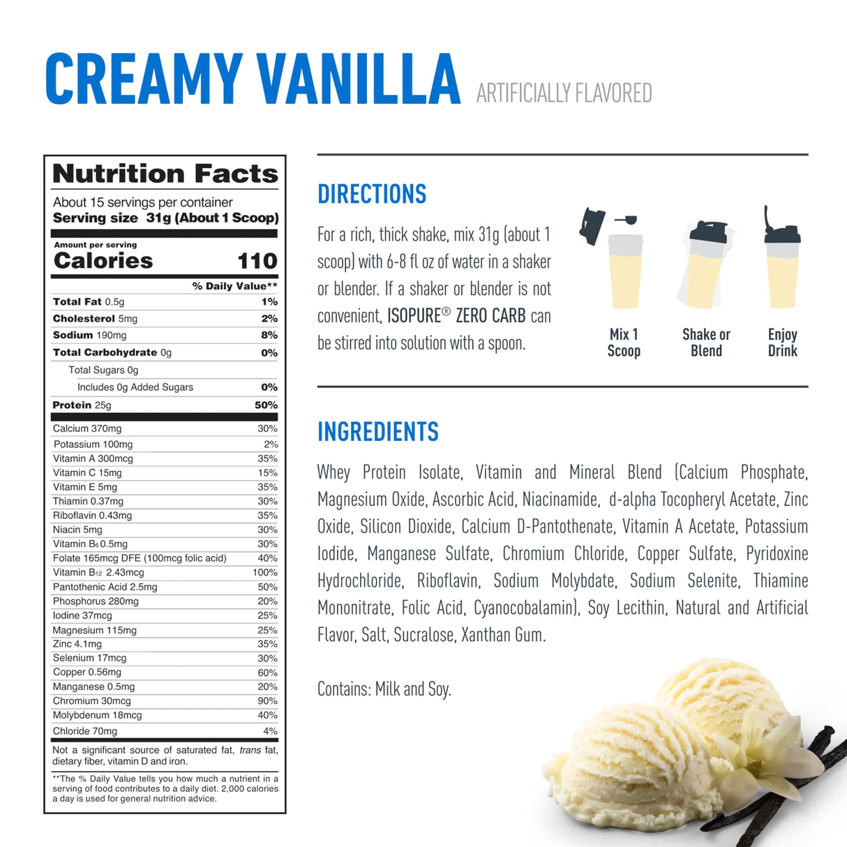 Isopure Zero Carb 100% Pure Whey Isolate Protein Powder, Lactose Free, Gluten Free, With Vitamins, Creamy Vanilla, 25g Protein Per Serving, 1 Lb, 15 Servings (Packaging May Vary)