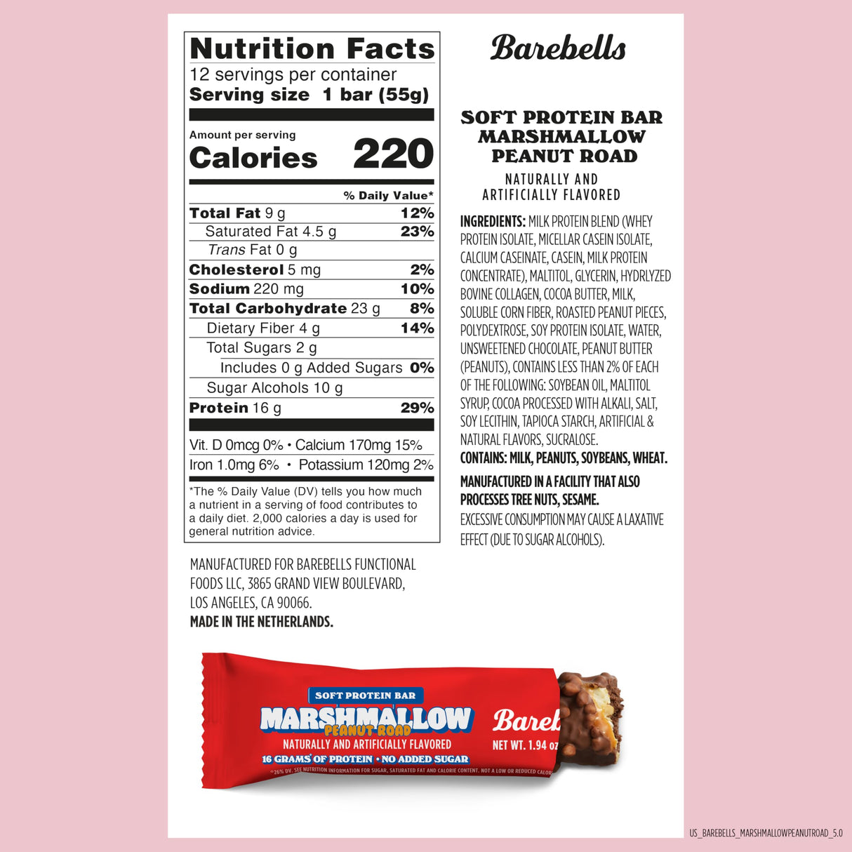 Barebells Soft Protein Bars Marshmallow Peanut Road - 12 Count, 1.9oz Bars - Nutritional Snacks with 16g of High Protein - Fluffy Chocolate Treat with 2g of Total Sugars - Breakfast Bars