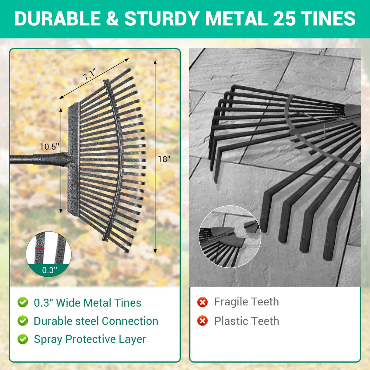 Serqd Adjustable Garden Rake for Leaves 36-73" Long Handle, 18" Wide, Heavy Duty with 25 Metal Tines ,Includes 32Gallon Leaf Bags,Designed for Lawns, Grass, Shrubs ,Flower Beds