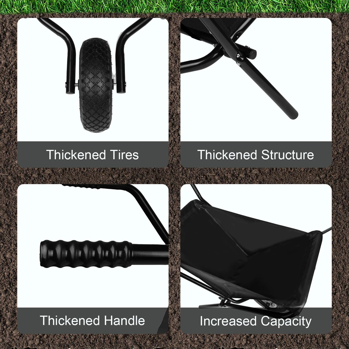 Collapsible Wheelbarrow with Flat-Free Wheel, Folding Utility Garden Cart