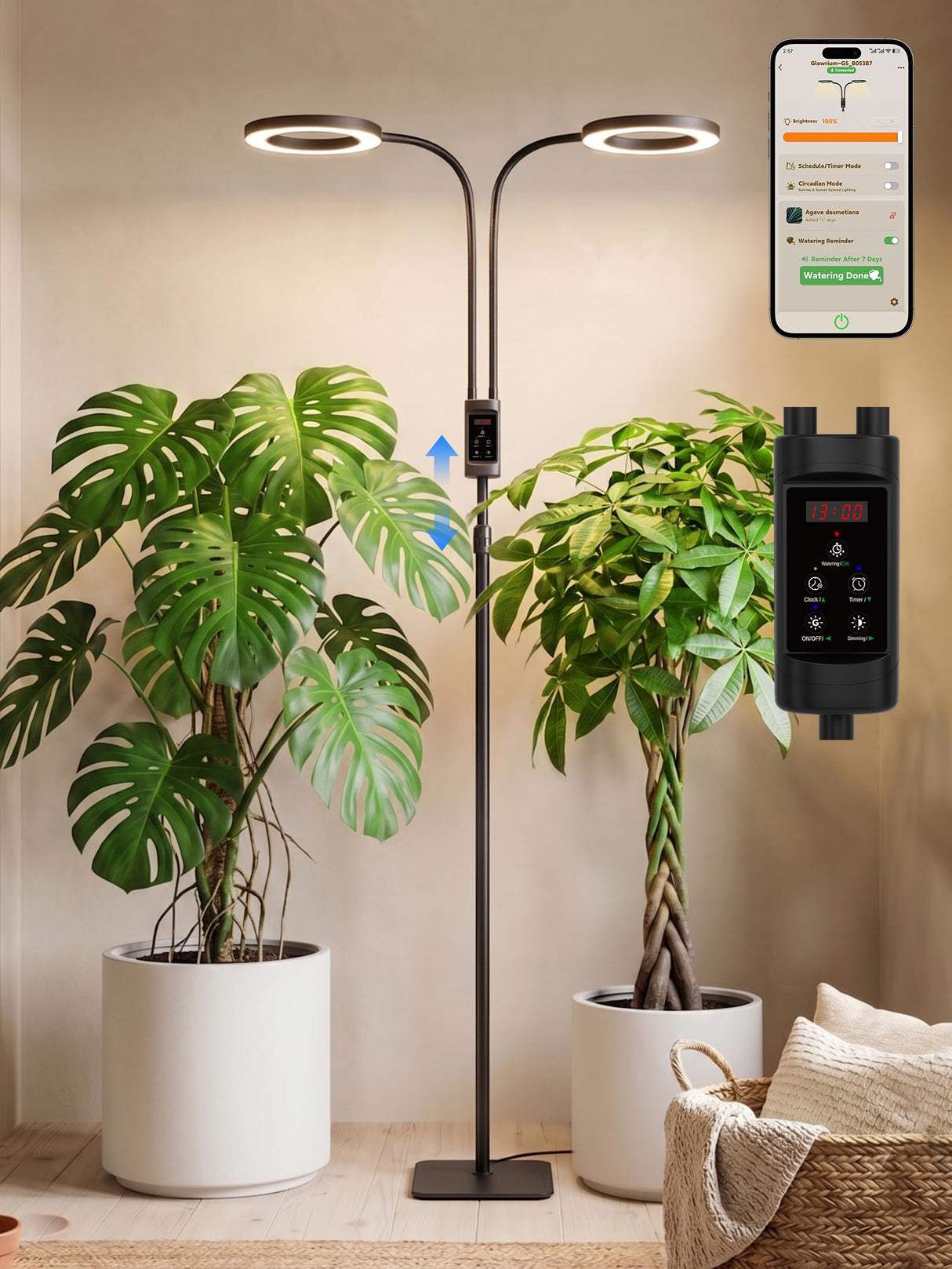 GLOWRIUM Smart Grow Lights for Indoor Plants, 48W Full Spectrum Plant Lights with Bluetooth App, Adjustable Height 47-70.9", Auto Timer, Indoor Plant Lamp for Large Tall Plants(Black 48W)