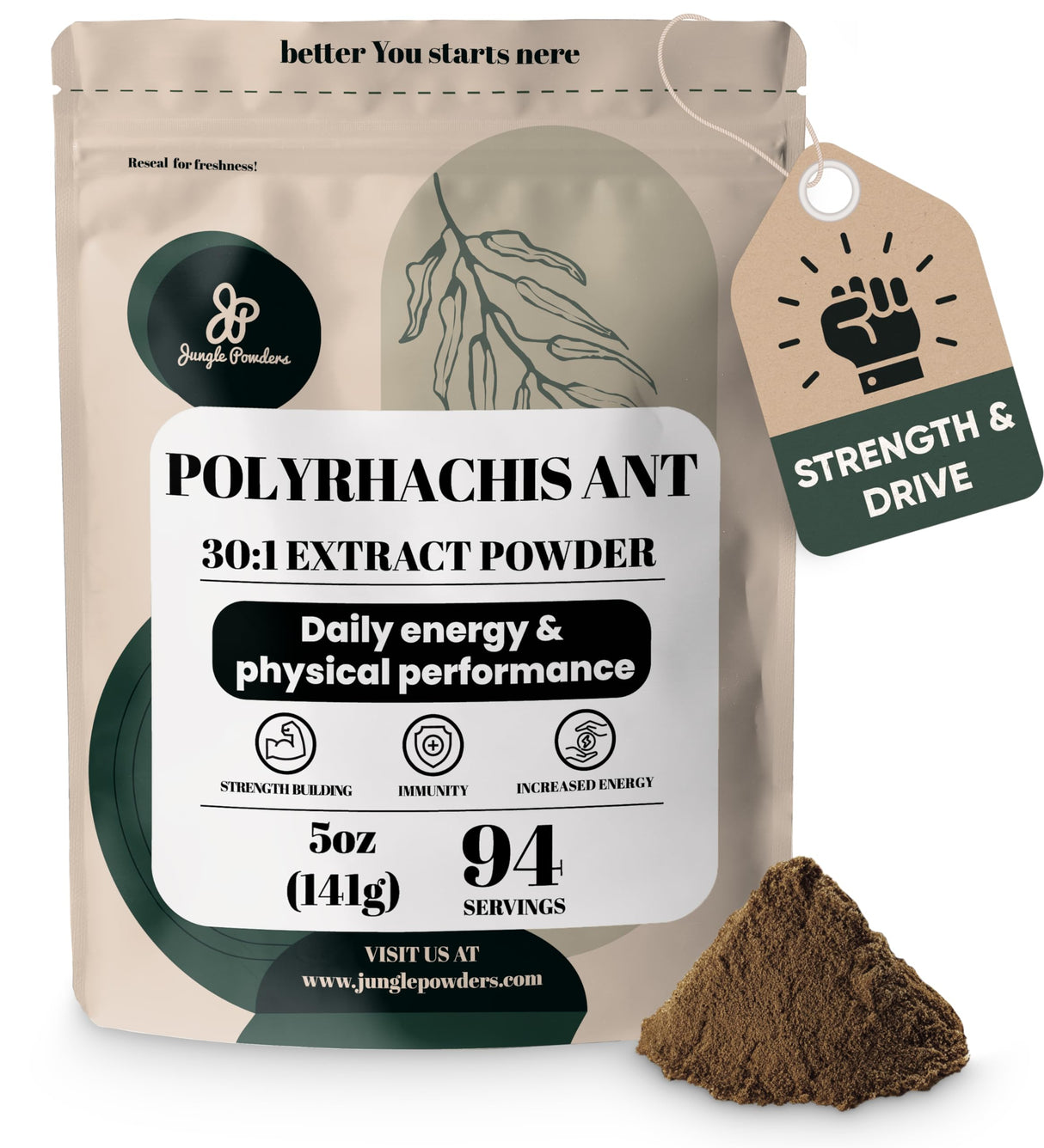 Jungle Powders Black Ant Extract Powder 30:1 Concentration, 94 Servings - 5 Ounces of Pure Polyrhachis Black Ant Supplement, Filler Free Changbai Mountain Ant Traditional Mens Health Support for Drive