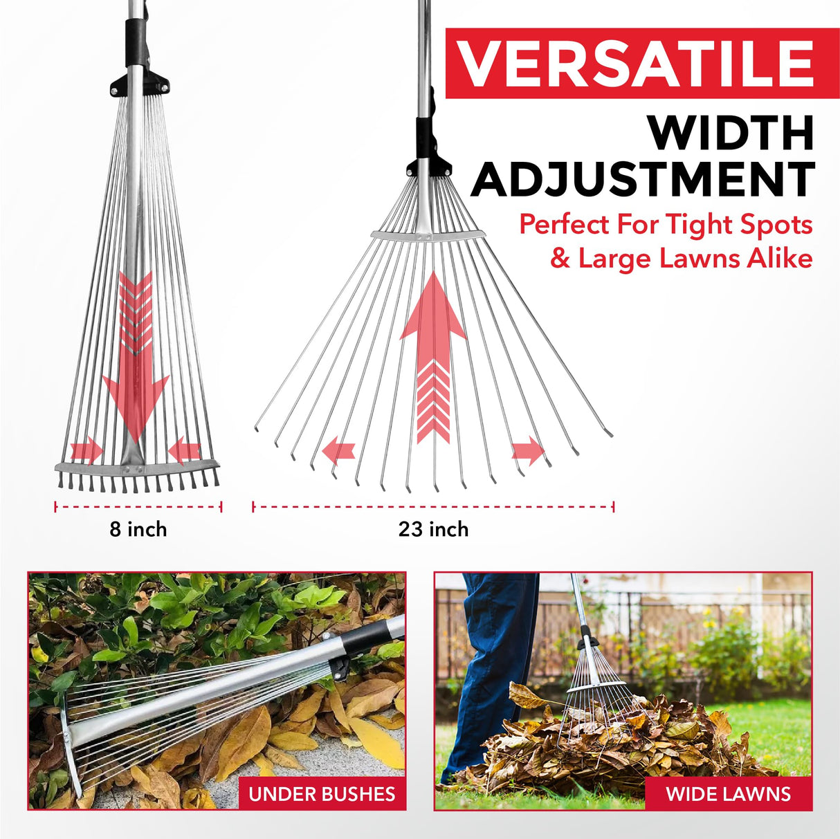 TABOR TOOLS J16A Adjustable Metal Rake with Expandable Head 8-23", Collapsible & Telescopic Leaf Rake for Lawns, Garden & Yard, Ideal for Leaves, Shrubs & Small Areas