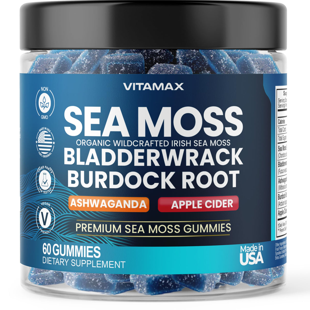 Vitamax Irish Sea Moss Gummies, Sea Moss, Bladderwrack, Ashwagandha, Burdock Root, ACV - Multi-Mineral - Non-GMO and Vegan – Made in USA – 60ct