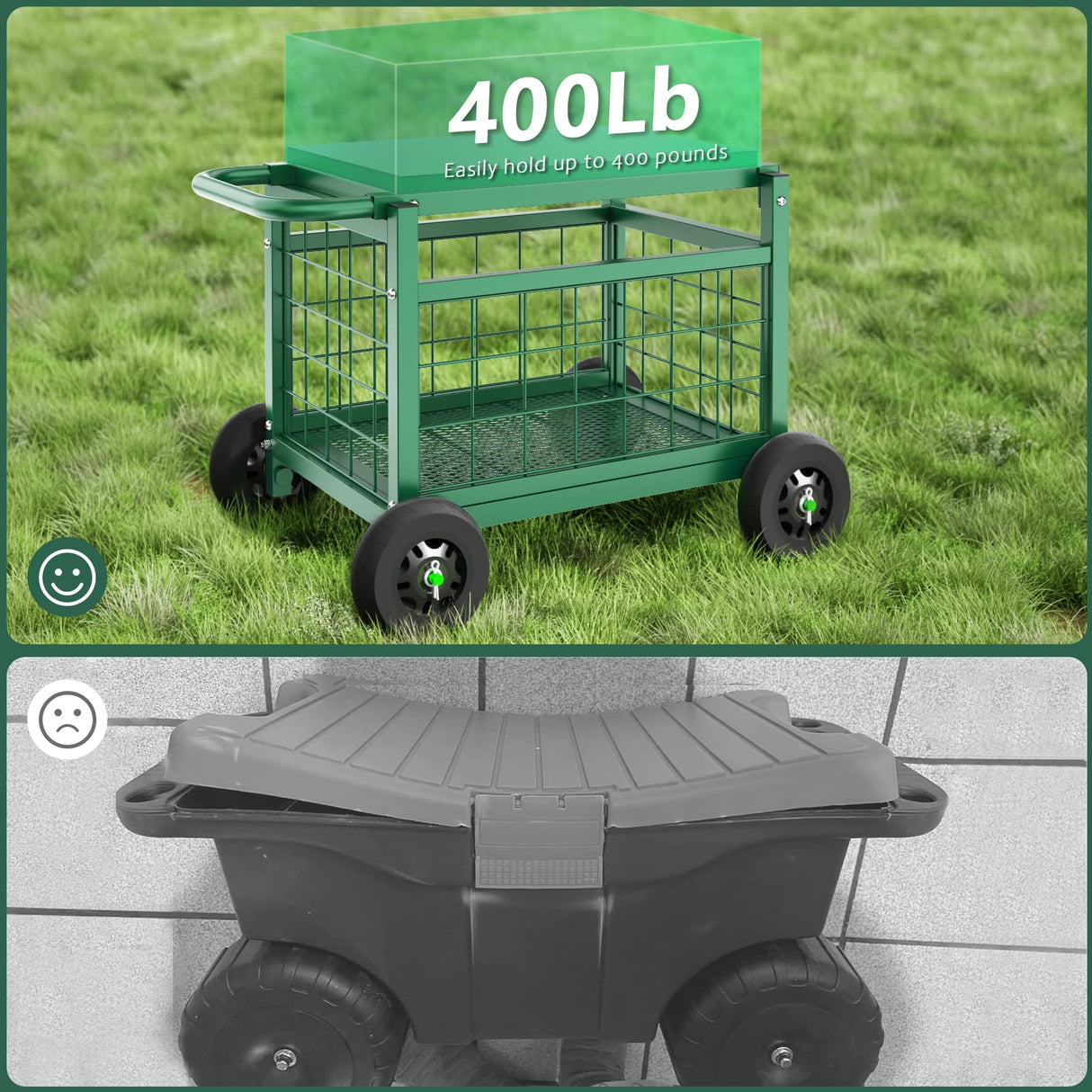Garden Cart with Seat,3-in-1 Rolling Seat with Wheels for Seniors Gardening