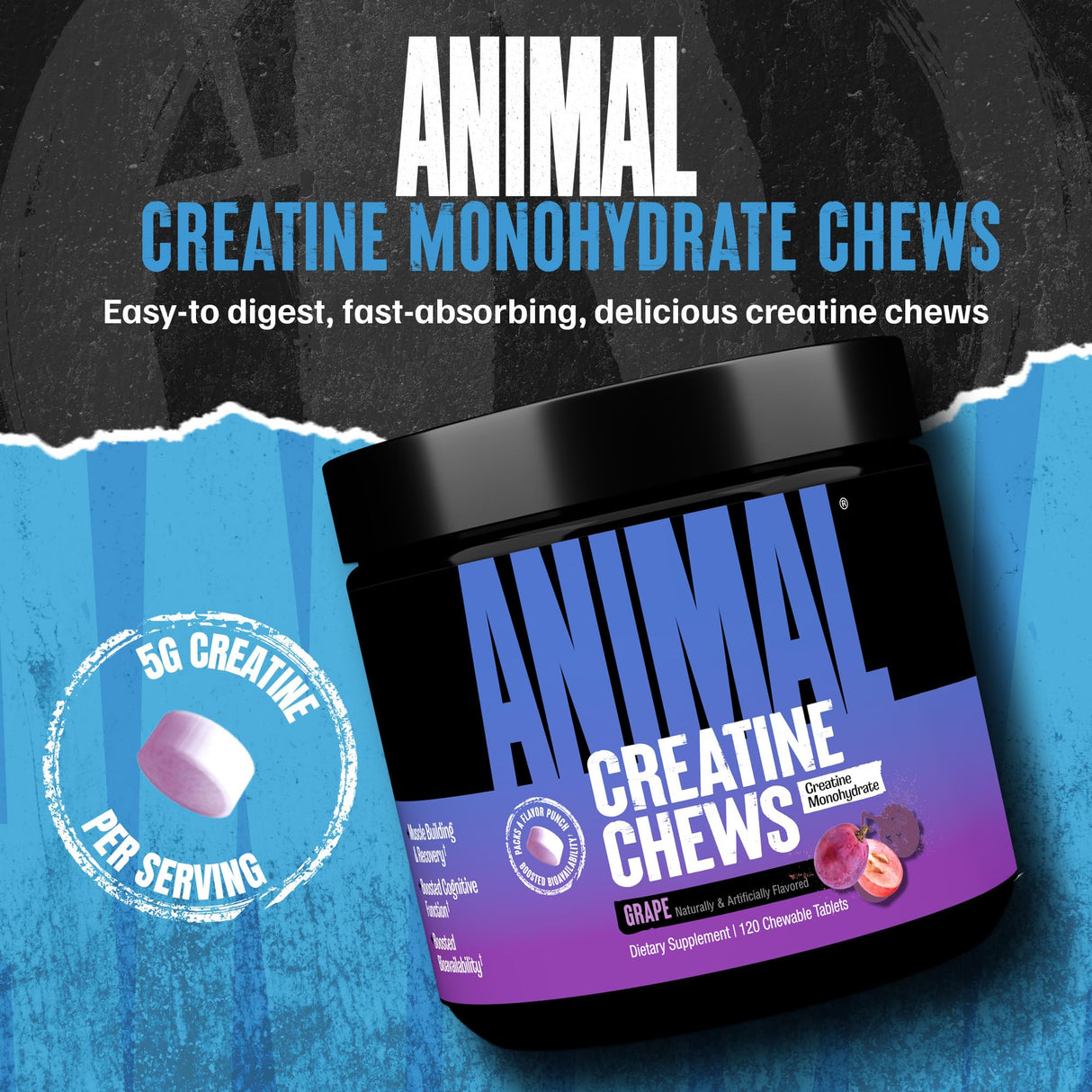 Animal Creatine Chews Tablets - Enhanced Creatine Monohydrate with AstraGin to Improve Absorption, Sea Salt for Added Pumps, Delicious and Convenient Chewable Tablets - Grape