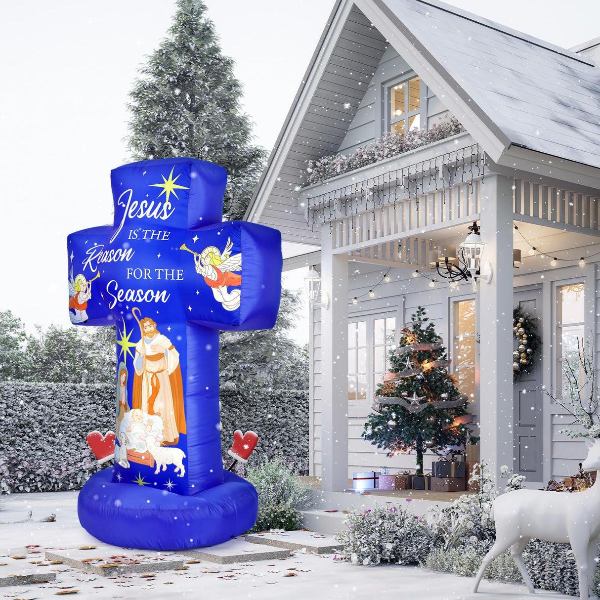 Civaner 6FT Christmas Inflatable Nativity Scene Decoration with Built in LED Lights, Jesus is The Reason for The Season Christmas Holy Nativity Decoration for Xmas Outdoor Yard Garden Lawn