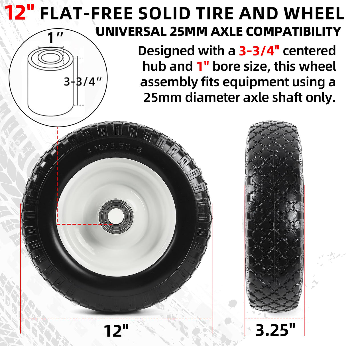 AR-PRO (2-Pack) 12" Flat-Free Solid Tire and Wheel, with 3-3/4" Centered Hub & 1" Bore, Fits 25mm Axle Shaft, Replacement Heavy-Duty Trailer Dolly & Utility Cart Wheel Set