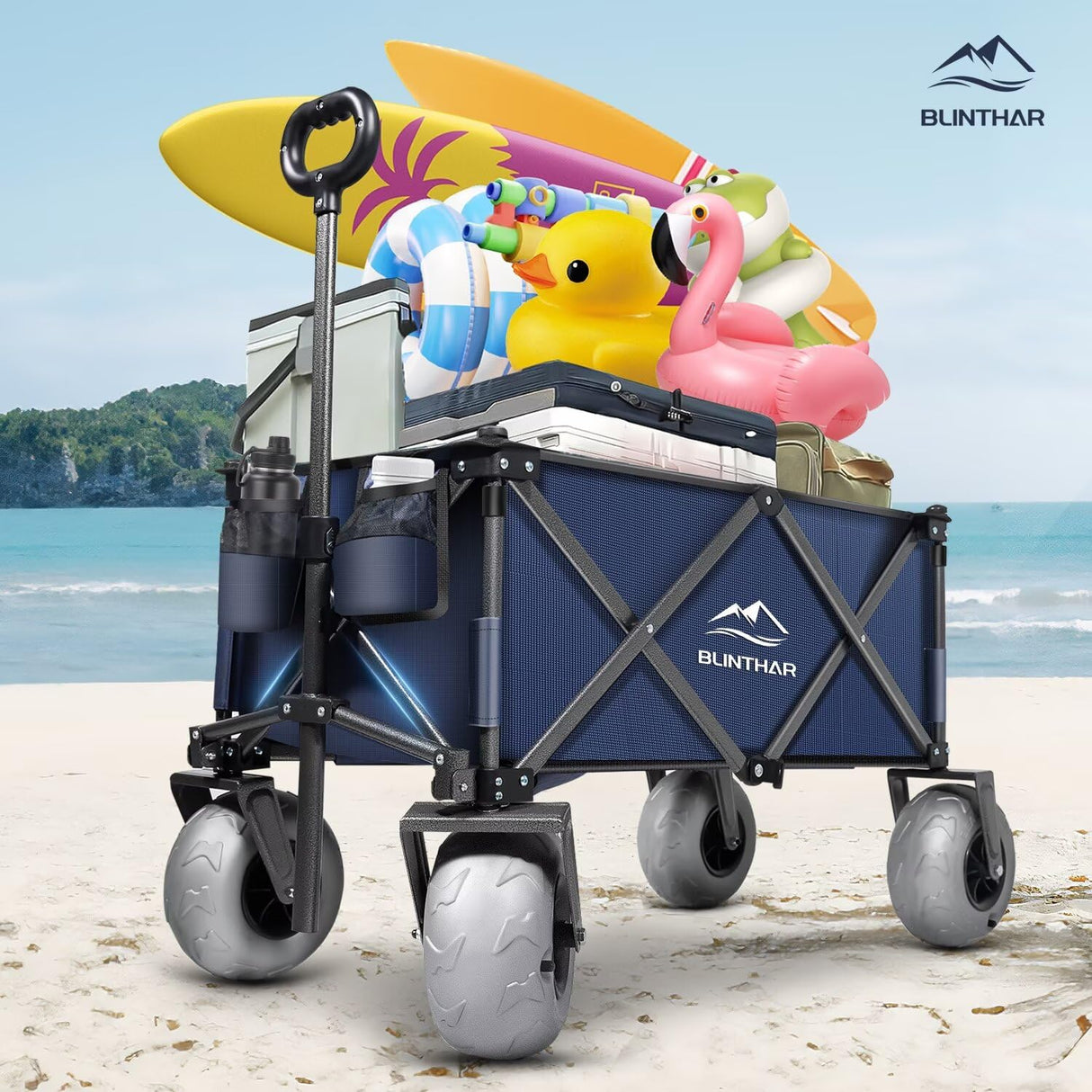 BLINTHAR Beach Wagon with Big Wheels for Sand, Heavy Duty Harder Sand Collapsible Folding Wagon with All-Terrain 9" Pneumatic Ballon Tires, Utility Wagon for Garden Sports Camping Outdoor Activities