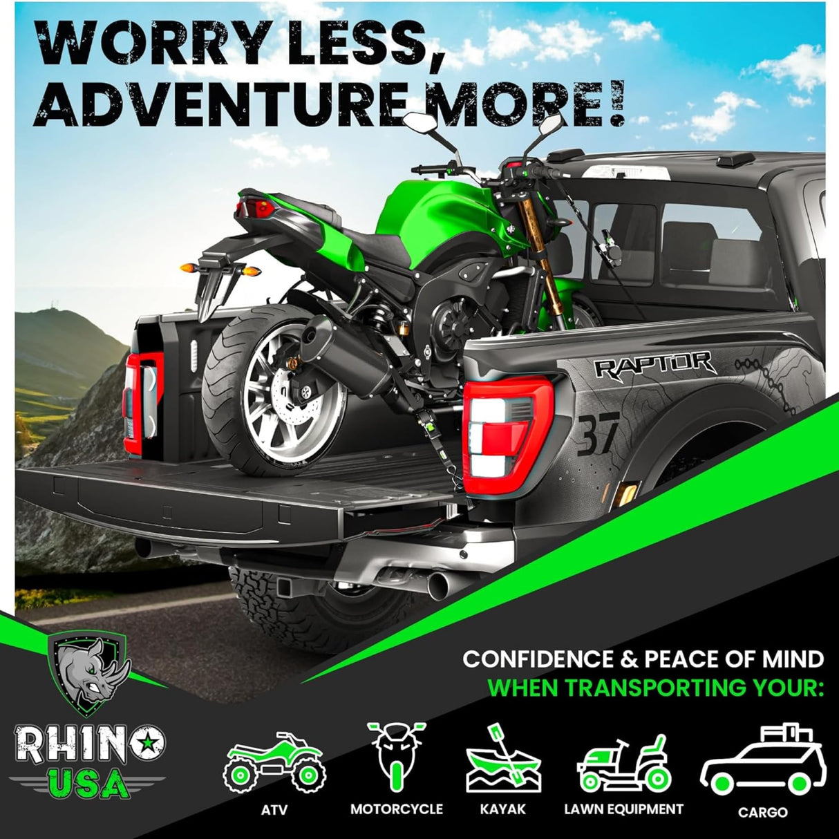 Rhino USA Retractable Ratchet Straps (4-Pack) - 1 Inch x 10 Feet (1,209lb Break Strength) - Auto Self Retracting Tie Down Straps for Truck, Cargo Trailer, Motorcycle, ATV, UTV - Black
