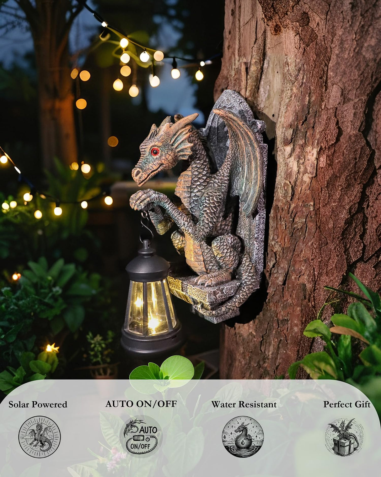 Dragon Statue Solar Lantern for Garden Décor, Dragons Figurine Night Light, 10”Outdoor Decorative Lamp, Mountable on Trees/Walls/Fences. Birthday/Housewarming Gifts for Dragon Fans (Antique Bronze)