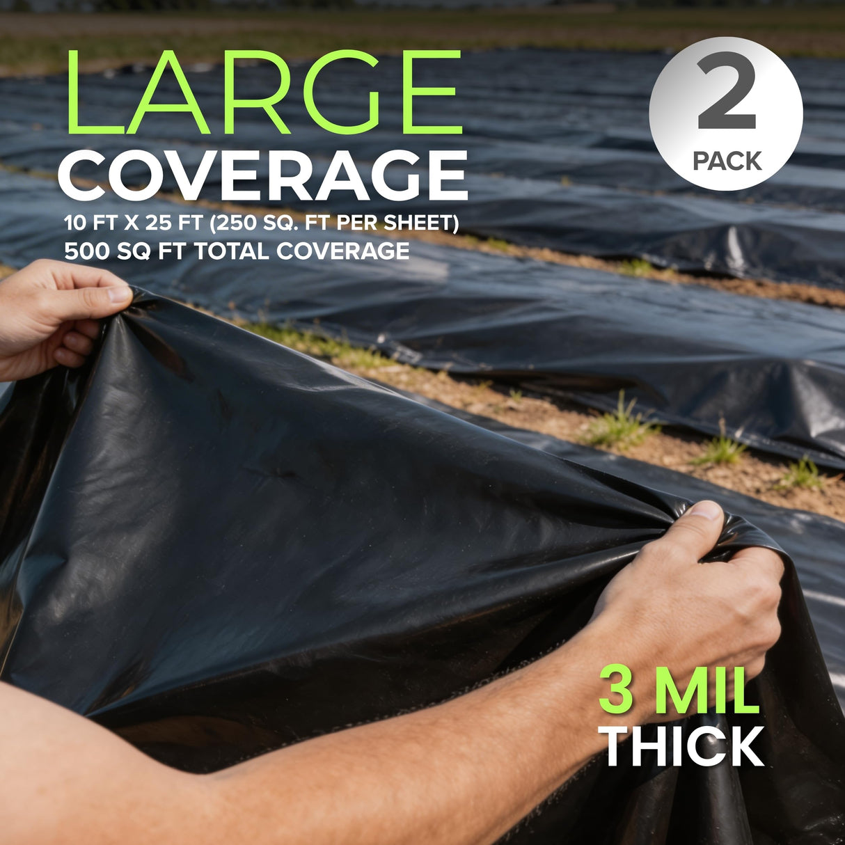 Plastic Sheeting Black (10' x 25') Long, 3 Mil, (2 Pack) - UV Protection Poly Sheeting Polyethylene Film, Heavy Duty Greenhouse Plastic Sheeting