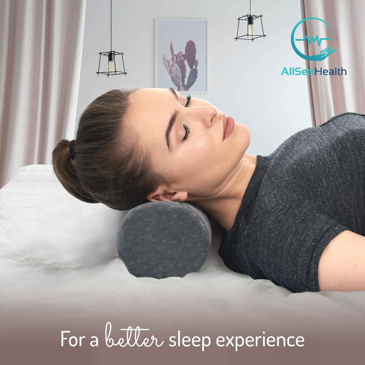 AllSett Health Round Cervical Roll Cylinder Bolster Pillow with Removable Washable Cover, Ergonomically Designed for Head, Neck, Back, and Legs, Grey