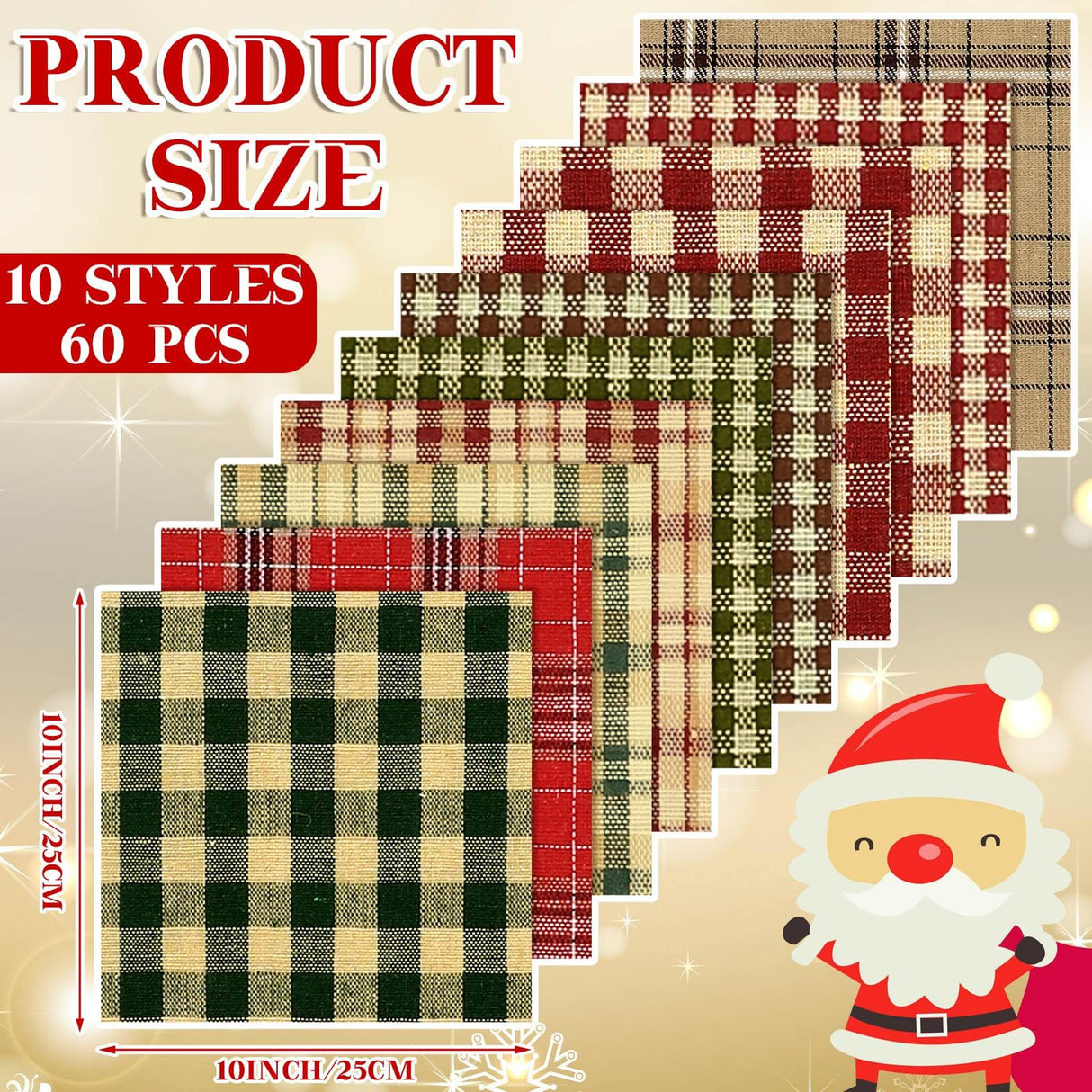 Fanfanwin 60 Pcs 10 x 10 Inch Vintage Christmas Quilting Fabric Plaid Homespun Cotton Fabric Jelly Squares Lattice Rustic Precut Santa Claus Quilting Strips for Xmas Craft Sewing DIY