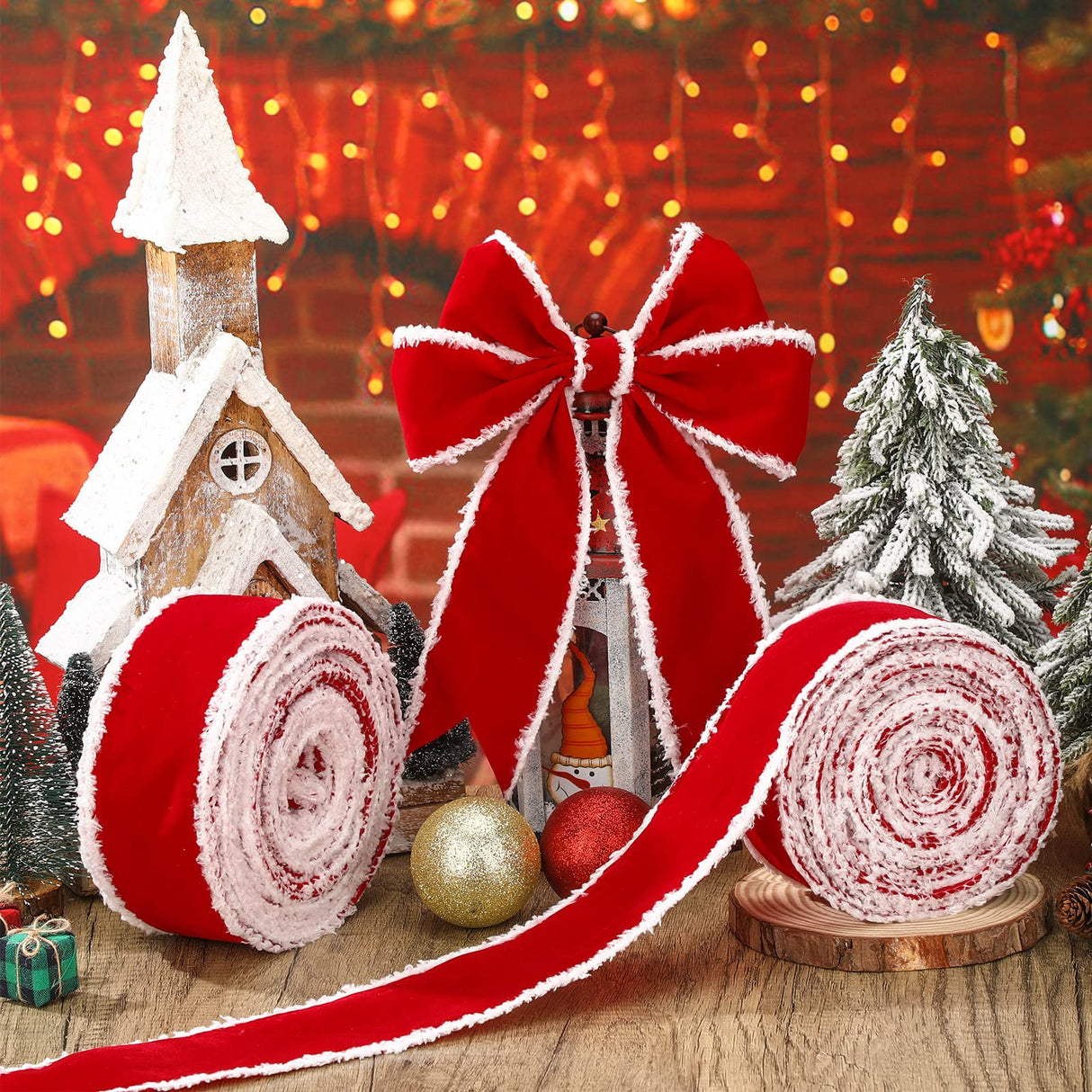 Syhood 2 Rolls Christmas Velvet Decorative Ribbons Rolls Craft DIY Fabric Cloth Wire Edge Ribbons for Craft Christmas Holiday Decoration(2.5 Inch x 50 Yard,Red)