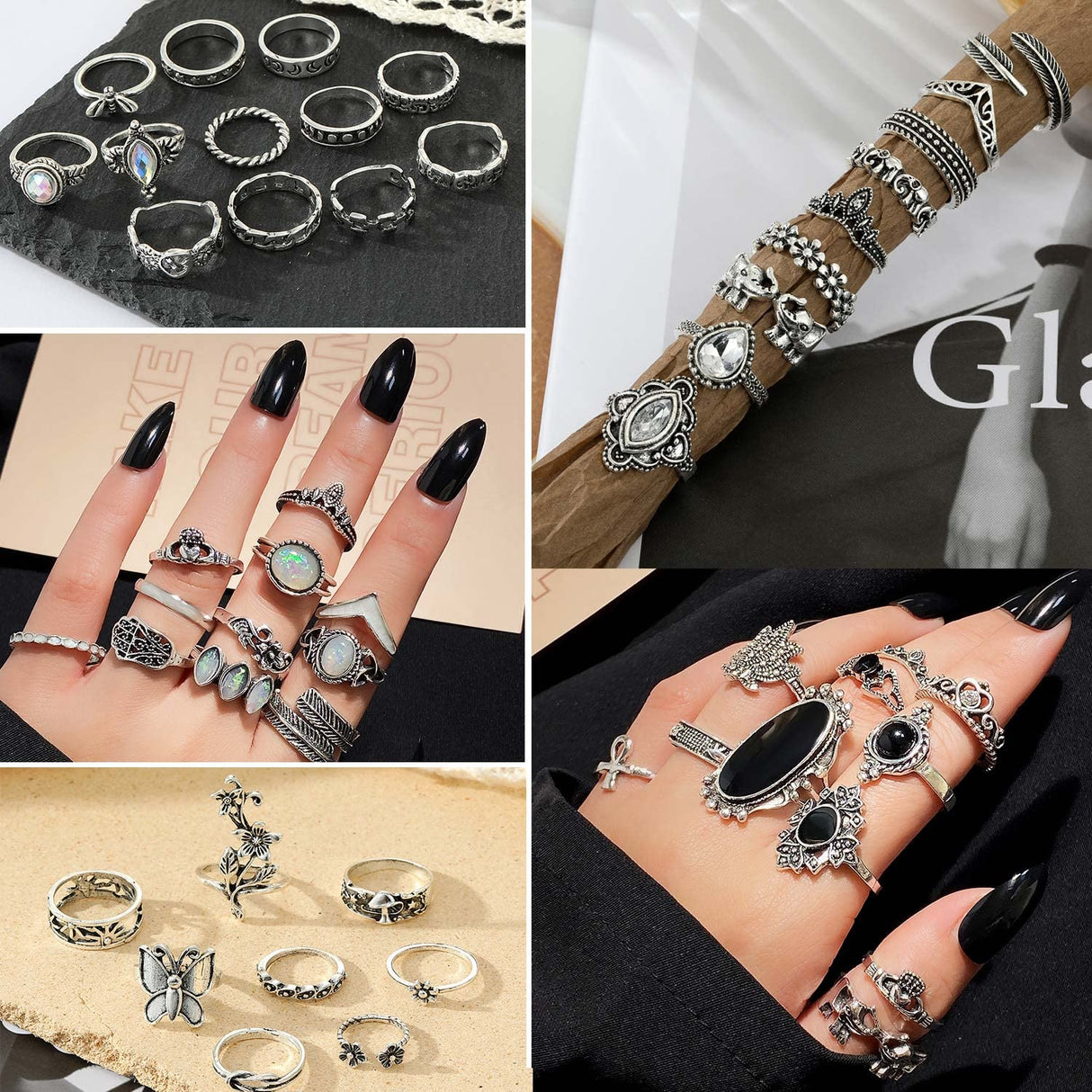 17IF 60 PCS Vintage Silver Goth Ring Set for Women, Punk Boho Chunky Knuckle Stackable Finger Ring Pack Aesthetic Grunge Adjustable Retro Stone Opal Crystal Cat Snake Flower Gothic Rings