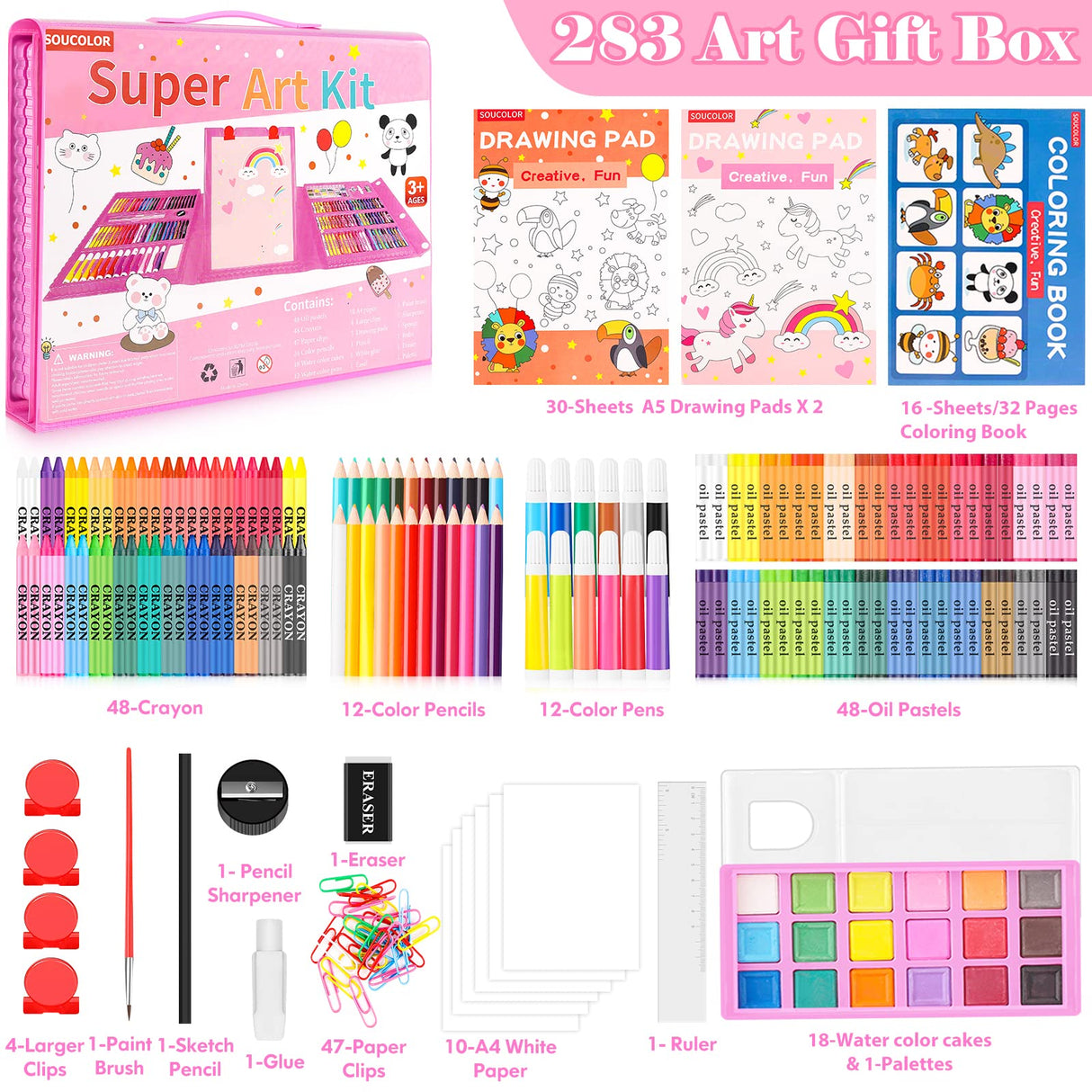 Soucolor Christmas Gifts for Kids Teens Girls Boys Ages 4, 6, 8, 10, 12, 283 Pieces Drawing Set Art Kits with Trifold Easel, 2 Drawing Pads, 1 Kids Activity Coloring Book, Crayons, Pastels, Watercolor