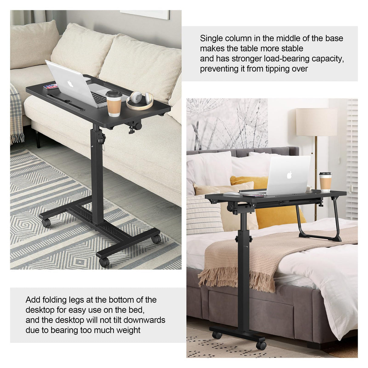 Eocnrhe Adjustable Overbed Bedside Table, Hospital Bed Table with Wheels, Portable Rolling Desk, Mobile Small Standing Desk, Rolling Laptop Stand, Computer Cart