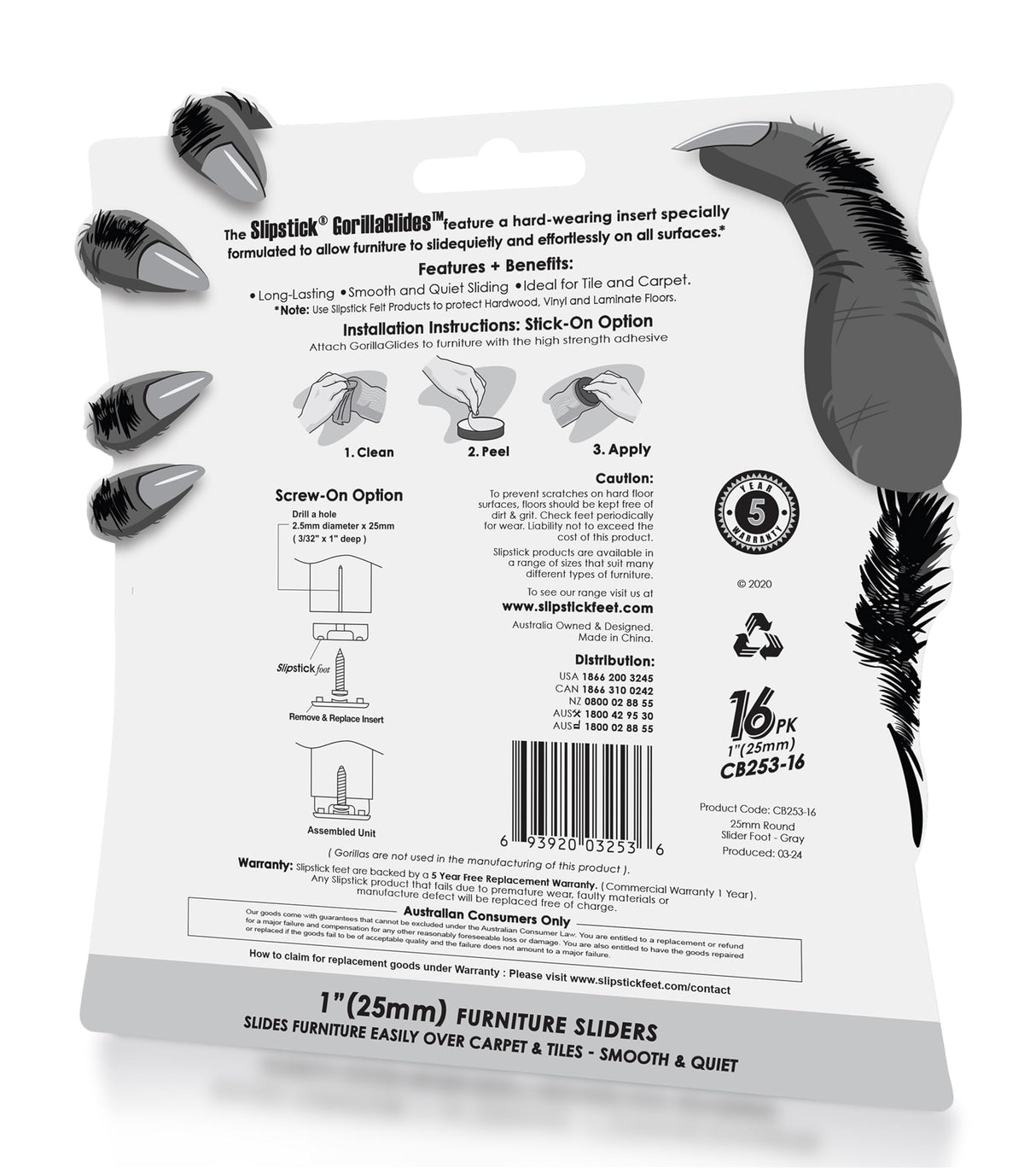 GorillaGlides 1 Inch Chair Sliders/Furniture Floor Protectors (16 Furniture Glides) Self-Adhesive Screw On Chair Glides for Sliding on Low-Pile Carpet & Hard Surface Floors, Round
